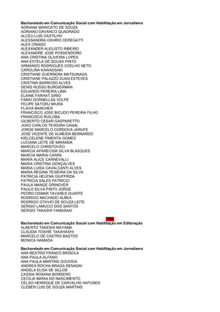Bacharelado em Comunicação Social com Habilitação em Jornalismo
ADRIANA MARICATO DE SOUZA
ADRIANO DAVANCO QUADRADO
ALCEU LUIS CASTILHO
ALESSANDRA OSHIRO CEREGATTI
ALEX CRIADO
ALEXANDER AUGUSTO RIBEIRO
ALEXANDRE JOSE POSSENDORO
ANA CRISTINA OLIVEIRA LOPES
ANA ESTELA DE SOUSA PINTO
ARMANDO RODRIGUES COELHO NETO
CAROLINA KAWASSAKI
CRISTIANE GUERRERA MATSUNAGA
CRISTIANE PALAZZO ZUAN ESTEVES
CRISTINA BARROSO ALVES
DENIS RUSSO BURGIERMAN
EDUARDO PEREIRA LIMA
ELAINE FARHAT SIRIO
FABIO DORNELLAS VOLPE
FELIPE SATORU MIURA
FLAVIA BANCHER
FRANCISCO JOSE BICUDO PEREIRA FILHO
FRANCISCO RUILOBA
GILBERTO CESAR GASPARETTO
JOAO CARLOS TEIXEIRA CANAL
JORGE MARCELO CORDOVA JARUFE
JOSE VICENTE DE ALMEIDA BERNARDO
KIELCELENE PIMENTA GOMES
LUCIANA LEITE DE MIRANDA
MARCELO CHRISTOVÃO
MARCIA APARECIDA SILVA BLASQUES
MARCIA MARIA CARINI
MARIA ALICE CARNEVALLI
MARIA CRISTINA GONÇALVES
MARIA LUISA CAVALCANTI ALVES
MARIA REGINA TEIXEIRA DA SILVA
PATRICIA HELENA GIUFFRIDA
PATRICIA SALES PATRICIO
PAULA MANGE GRINOVER
PAULO SILVA PINTO JORGE
PEDRO OSMAR TAVARES DUARTE
RODRIGO MACHADO ALBEA
RODRIGO OTAVIO DE SOUZA LEITE
SERGIO LAMUCCI DOS SANTOS
SERGIO TAKASHI YAMASAKI
1995
Bacharelado em Comunicação Social com Habilitação em Editoração
ALBERTO TAKESHI MAYAMA
CLAUDIA TOSHIE TAKAHASHI
MARCELO DE CASTRO BASTOS
MONICA HAMADA
Bacharelado em Comunicação Social com Habilitação em Jornalismo
ANA BEATRIZ FRANCO BRISOLA
ANA PAULA ALFANO
ANA PAULA MARTINS GOUVEIA
ANDREA ROCHA BRAGA DENADAI
ANGELA ELISA DE SILLOS
CASSIA ROSANA BORSERO
CECILIA MARIA DO NASCIMENTO
CELSO HENRIQUE DE CARVALHO ANTUNES
CLEBER LUIS DE SOUZA MARTINS
 
