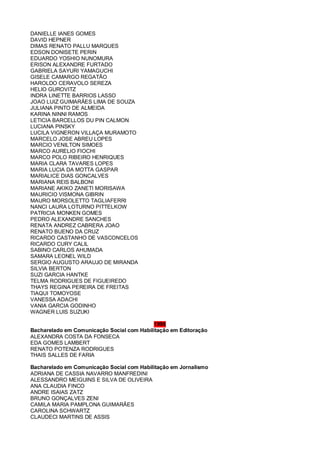 DANIELLE IANES GOMES
DAVID HEPNER
DIMAS RENATO PALLU MARQUES
EDSON DONISETE PERIN
EDUARDO YOSHIO NUNOMURA
ERISON ALEXANDRE FURTADO
GABRIELA SAYURI YAMAGUCHI
GISELE CAMARGO REGATÃO
HAROLDO CERAVOLO SEREZA
HELIO GUROVITZ
INDRA LINETTE BARRIOS LASSO
JOAO LUIZ GUIMARÃES LIMA DE SOUZA
JULIANA PINTO DE ALMEIDA
KARINA NINNI RAMOS
LETICIA BARCELLOS DU PIN CALMON
LUCIANA PINSKY
LUCILA VIGNERON VILLAÇA MURAMOTO
MARCELO JOSE ABREU LOPES
MARCIO VENILTON SIMOES
MARCO AURELIO FIOCHI
MARCO POLO RIBEIRO HENRIQUES
MARIA CLARA TAVARES LOPES
MARIA LUCIA DA MOTTA GASPAR
MARIALICE DIAS GONCALVES
MARIANA REIS BALBONI
MARIANE AKIKO ZANETI MORISAWA
MAURICIO VISMONA GIBRIN
MAURO MORSOLETTO TAGLIAFERRI
NANCI LAURA LOTURNO PITTELKOW
PATRICIA MONKEN GOMES
PEDRO ALEXANDRE SANCHES
RENATA ANDREZ CABRERA JOAO
RENATO BUENO DA CRUZ
RICARDO CASTANHO DE VASCONCELOS
RICARDO CURY CALIL
SABINO CARLOS AHUMADA
SAMARA LEONEL WILD
SERGIO AUGUSTO ARAUJO DE MIRANDA
SILVIA BERTON
SUZI GARCIA HANTKE
TELMA RODRIGUES DE FIGUEIREDO
THAYS REGINA PEREIRA DE FREITAS
TIAQUI TOMOYOSE
VANESSA ADACHI
VANIA GARCIA GODINHO
WAGNER LUIS SUZUKI
1996
Bacharelado em Comunicação Social com Habilitação em Editoração
ALEXANDRA COSTA DA FONSECA
EDA GOMES LAMBERT
RENATO POTENZA RODRIGUES
THAIS SALLES DE FARIA
Bacharelado em Comunicação Social com Habilitação em Jornalismo
ADRIANA DE CASSIA NAVARRO MANFREDINI
ALESSANDRO MEIGUINS E SILVA DE OLIVEIRA
ANA CLAUDIA FINCO
ANDRE ISAIAS ZATZ
BRUNO GONÇALVES ZENI
CAMILA MARIA PAMPLONA GUIMARÃES
CAROLINA SCHWARTZ
CLAUDECI MARTINS DE ASSIS
 