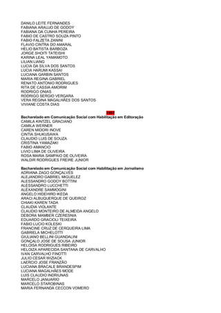 DANILO LEITE FERNANDES
FABIANA ARAUJO DE GODOY
FABIANA DA CUNHA PEREIRA
FABIO DE CASTRO SOUZA PINTO
FABIO FALZETA ZANINI
FLAVIO CINTRA DO AMARAL
HELIO BATISTA BARBOZA
JORGE SHOITI TATEISHI
KARINA LEAL YAMAMOTO
LILIAN LIANG
LUCIA DA SILVA DOS SANTOS
LUCIA HARUMI KASSAI
LUCIANA GARBIN SANTOS
MARIA REGINA GABRIEL
RENATO ANTONIO RODRIGUES
RITA DE CASSIA AMORIM
RODRIGO ONIAS
RODRIGO SERGIO VERGARA
VERA REGINA MAGALHÃES DOS SANTOS
VIVIANE COSTA DIAS
1997
Bacharelado em Comunicação Social com Habilitação em Editoração
CAMILA KINTZEL GRACIANO
CAMILA WERNER
CAREN MIDORI INOVE
CINTIA SHUKUSAWA
CLAUDIO LUIS DE SOUZA
CRISTINA YAMAZAKI
FABIO AMANCIO
LIVIO LIMA DE OLIVEIRA
ROSA MARIA SAMPAIO DE OLIVEIRA
WALDIR RODRIGUES FREIRE JUNIOR
Bacharelado em Comunicação Social com Habilitação em Jornalismo
ADRIANA ZAGO GONÇALVES
ALEJANDRO GABRIEL MIGUELEZ
ALESSANDRO GODOY BOTTINI
ALESSANDRO LUCCHETTI
ALEXANDRE SAMMOGINI
ANGELO HIDEHIRO IKEDA
ARACI ALBUQUERQUE DE QUEIROZ
CHIAKI KAREN TADA
CLAUDIA VIOLANTE
CLAUDIO MONTEIRO DE ALMEIDA ANGELO
DEBORA MAMBER CZERESNIA
EDUARDO GRACIOLI TEIXEIRA
FABIO LUCIO KOLESKI
FRANCINE CRUZ DE CERQUEIRA LIMA
GABRIELA MICHELOTTI
GIULIANO BELLINI GUANDALINI
GONÇALO JOSE DE SOUSA JUNIOR
HELOISA RODRIGUES RIBEIRO
HELOIZA APARECIDA SANTANA DE CARVALHO
IVAN CARVALHO FINOTTI
JULIO CESAR WIZIACK
LAERCIO JOSE FRANZÃO
LUCIANA BRACALE BRANDESPIM
LUCIANA MAGALHÃES MODE
LUIS CLAUDIO INDRIUNAS
MARCELO JANUARIO
MARCELO STAROBINAS
MARIA FERNANDA CECCON VOMERO
 