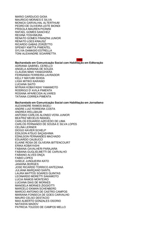 MARIO CARDUCIO GIOIA
MAURICIO MORAES E SILVA
MONICA CARVALHAL ALTERTHUM
PEDRO DE OLIVEIRA LEITE BIONDI
PRISCILA MAUREN PICININI
RAFAEL GOMES SANCHEZ
REGINA YOSHIMURA
RENATO GOMES FRANZINI JUNIOR
RENATO LOES KRAUSZ
RICARDO GABAS ZORZETTO
SPENSY KMITTA PIMENTEL
SYLVIA DAMASIO ESTRELLA
TONI ALEXANDRE SCIARRETTA
1998
Bacharelado em Comunicação Social com Habilitação em Editoração
ADRIANA GABRIEL CERELLO
ANGELA ADRIANA DE SOUZA
CLAUDIA MAKI YANAGIHARA
FERNANDA FERREIRA LAVRADOR
KELLY MAYUMI ISHIDA
LIGIA MITIKO KAWANO
LUCIANA SAITO
MYRIAN KOBAYASHI YAMAMOTO
RODRIGO D' AVILA PIMENTA
ROSANA APARECIDA ALVARES
TATIANA CORREA PIMENTA
Bacharelado em Comunicação Social com Habilitação em Jornalismo
ALEXANDRE RAMOS BIGELI
ANDRE LUIZ FERREIRA COSTA
ANDREA WELLBAUM
ANTONIO CARLOS ALONSO VERA JUNIOR
BEATRIZ MECELIS RANGEL
CARLOS EDUARDO AZEVEDO DE LIMA
CARLOS FERNANDO DE SOUSA E SILVA LOPES
CELINA LERNER
DIOGO XAVIER SCHELP
EDILSON ATSUO SAÇASHIMA
EDNILSON FERNANDES MACHADO
EDUARDO CALBUCCI
ELAINE ROSA DE OLIVEIRA BITTENCOURT
ERIKA KOBAYASHI
FABIANA CAVALHERI PARAJARA
FABIANA GUGLIELMETTI DE CARVALHO
FABIANO ALVES ONÇA
FABIO LOPES
GISELE JUNQUEIRA KATO
JANAINA BORGES
JOSE RICARDO TORRICO ANTEZANA
JULIANA MARÇANO SANTIL
LAURA MATTOS SOARES QUINTAS
LEONARDO MORETTI SAKAMOTO
LUCIA RAMOS MONTEIRO
LUCIANA DIAS DE MORAES
MANOELA MORAES ZIGGIOTTI
MARCELO EKMAN SCHENBERG
MARCIO ANTONIO DE CASTRO CAMPOS
MARIANA FONSECA DE GOES CARVALHO
MAURO CELSO DESTACIO
MAX ALBERTO GONZALES OSORIO
NATASHA MADOV
PATRICIA TOLEDO DE CAMPOS MELLO
 