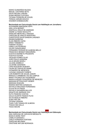 MARIO GUIMARÃES MUCIDA
MIGUEL CASTARDE NETO
SÁVIO MOURA LADEIRA
SONIA MIDORI FUJIYOSHI
TATIANA FERREIRA DE SOUZA
TEREZA HARUMI KIKUCHI
WAGNER SHIMABUKURO
Bacharelado em Comunicação Social com Habilitação em Jornalismo
ALEXANDRA MAKOWSKI IOPPI
ANA LÚCIA BERNDT
ANAPAULA ZIGLIO DE ANDRADE
ANDRÉ ULYSSES NICOLETTI
ANSELMO MERICHELLI MASSAD
CAROLINA DE ARAÚJO MONTEIRO
CHRISTOFER DAVID SANSON LANGNER
DENNIS BARBOSA
ELIZA RIBEIRO CAPAI
ERIKA YAMAMOTO
FABIANA VEZZALI
FÁBIO LUIS PEDROSO
FELIPE CARION BRAZ
FERNANDO FERRARI DE ALMEIDA MELLO
FRANCISCO BENNATI MADUREIRA
GUSTAVO BARRETO PRUDENTE
GUSTAVO SCHOR
JACQUES GOMES FILHO
JOÃO PAULO SANDRINI
JULIA BRUNO MOIÓLI
JULIANA ZAMBELO
JULIENNE GANANIAN
LARA NOGUEIRA SILBIGER
LAURA DE CARVALHO NAIME
LEONARDO DE MEDEIROS
LUCIANA VASQUES FARNESI
LUÍS ROBERTO DE SOUZA JUNIOR
MARCELO GRIMBERG VAZ DE CAMPOS
MARCY PICANÇO DE FIGUEIREDO
MARIA EUGENIA FIGUEIREDO DE MENEZES
MARIANA BITTENCOURT WEBER
MARIANA IWAKURA
MARINA MARTINS GONZALES
NATHALIA MACHADO FERNANDES
OLIVIA SILVA FRAGA
RAFAELA GAGNEBIN MULLER
RENATO DE ANDRADE CHU
RUTH PINHEIRO COSTAS
SAULO DUARTE PASSOS FILHO
SILVIA BASILIO RIBEIRO
SUNG HEE SIN
TATIANA UEMURA
THAÍS YURI TANAKA DE ALMEIDA
THIAGO MIO SALLA
TIAGO MACINI
2004
Bacharelado em Comunicação Social com Habilitação em Editoração
ANA CAROLINA DE CARVALHO MESQUITA
BASÍLIO AKIRA TAKIY
CAMILA FUDISSAKU
CARLA FERNANDA FONTANA
CAROLINA MOLINARI
CRISTIANE MAYUMI MORINAGA
 