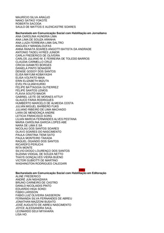 MAURÍCIO SILVA ARAÚJO
NANCI SATIKO YOKOTE
ROBERTA SACODA
SAULO DE MATTOS E ALENCASTRE SOARES
Bacharelado em Comunicação Social com Habilitação em Jornalismo
ANA CAROLINA HUNGRIA LIMA
ANA LIMA DE SOUZA ARANHA
ANA LUIZA FERREIRA LIMA DALTRO
ANGUEILY MANDALOUFAS
ANNA RANATA SOARES ANGOTTI BATISTA DA ANDRADE
ANTONIO TADEU AYRES JUNIOR
CARLA FREDERICO DE OLIVEIRA
CARLOS JULIANO M. E FERREIRA DE TOLEDO BARROS
CLAUDIA CARMELLO CRUZ
CRICIA GIAMATEI BORGES
DANIELA PINTO SENADOR
DENISE GODOY DOS SANTOS
ELISA MAYUMI KOBAYASHI
ELISA VOLPATO MAIA
ERIN ELIZABETH MIZUTA
EVELYN ULIAM KURIKI
FELIPE BATTAGGIA GUTIERREZ
FELIPE SANTOS LEMOS
FLÁVIA SOUTO MAIOR
GABRIEL LEITE DE MORAES ATTUY
GLAUCO FARIA RODRIGUES
HUMBERTO MARCELO DE ALMEIDA COSTA
JULIÁN MIGUEL BARBERO FUKS
JULIANO RIBEIRO DE LIMA MACHADO
LARA DE MENDONÇA ANDRE
LETICIA FRANCISCO SORG
LILIAN MARCIA FERNANDES ALVES PESTANA
MARIA CAROLINA GARCIA LOPES ABE
NARA DE LIMA E SÁ
NICOLAU DOS SANTOS SOARES
OLAVO SOARES DO NASCIMENTO
PAULA CRISTINA TIEMI SATO
PAULA MONTEIRO TAKADA
RAQUEL OGANDO DOS SANTOS
RICARDFO PERUCHI
RITA MONTE
SILVIO DIOGO LOURENÇO DOS SANTOS
SUZANA VIDIGAL DE SOUZA NETTO
THAYS GONÇALVES VIEIRA BUENO
VICTOR GUBIOTTI DE MARTINO
WASHINGTON RODRIGUES CALEGARI
2005
Bacharelado em Comunicação Social com Habilitação em Editoração
ALINE FREDERICO
ANDRÉ JUN NISHIZAWA
BRUNO CARNEIRO DE CASTRO
DANILO NICOLAIDIS PINTO
EDUARDO HIGA SOKEI
FÁBIO LARSSON
FÁBIO LUIZ OLIVEIRA SASSERON
FERNANDA SILVA FERNANDES DE ABREU
JONATHAN MAZZONI BUSATO
JOSÉ AUGUSTO DE ABREU NASCIMENTO
JOYCE ALESSANDRA SAUL
LEONARDO SEIJI MIYAHARA
LISA HO
 