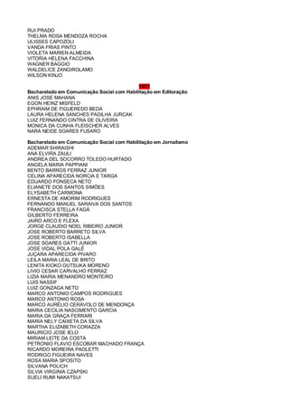 RUI PRADO
THELMA ROSA MENDOZA ROCHA
ULISSES CAPOZOLI
VANDA FRIAS PINTO
VIOLETA MARIEN ALMEIDA
VITORIA HELENA FACCHINA
WAGNER BAGGIO
WALDELICE ZANGIROLAMO
WILSON KINJO
1977
Bacharelado em Comunicação Social com Habilitação em Editoração
ANIS JOSE MAHANA
EGON HEINZ MISFELD
EPHRAIM DE FIGUEREDO BEDA
LAURA HELENA SANCHES PADILHA JURCAK
LUIZ FERNANDO CINTRA DE OLIVEIRA
MONICA DA CUNHA FLEISCHER ALVES
NARA NEIDE SOARES FUSARO
Bacharelado em Comunicação Social com Habilitação em Jornalismo
ADEMAR SHIRAISHI
ANA ELVIRA ZAULI
ANDREA DEL SOCORRO TOLEDO HURTADO
ANGELA MARIA PAPPIANI
BENTO BARROS FERRAZ JUNIOR
CELINA APARECIDA NORCIA E TARGA
EDUARDO FONSECA NETO
ELIANETE DOS SANTOS SIMÕES
ELYSABETH CARMONA
ERNESTA DE AMORIM RODRIGUES
FERNANDO MANUEL SARAIVA DOS SANTOS
FRANCISCA STELLA FAGÁ
GILBERTO FERREIRA
JAIRO ARCO E FLEXA
JORGE CLAUDIO NOEL RIBEIRO JUNIOR
JOSE ROBERTO BARRETO SILVA
JOSE ROBERTO ISABELLA
JOSE SOARES GATTI JUNIOR
JOSE VIDAL POLA GALÉ
JUÇARA APARECIDA PIVARO
LEILA MARIA LEAL DE BRITO
LENITA KIOKO OUTSUKA MORENO
LIVIO CESAR CARVALHO FERRAZ
LIZIA MARIA MENANDRO MONTEIRO
LUIS NASSIF
LUIZ GONZAGA NETO
MARCO ANTONIO CAMPOS RODRIGUES
MARCO ANTONIO ROSA
MARCO AURÉLIO CERÁVOLO DE MENDONÇA
MARIA CECILIA NASCIMENTO GARCIA
MARIA DA GRAÇA FERRARI
MARIA NELY CAIXETA DA SILVA
MARTHA ELIZABETH CORAZZA
MAURICIO JOSE IELO
MIRIAM LEITE DA COSTA
PETRONIO FLAVIO ESCOBAR MACHADO FRANÇA
RICARDO MOREIRA PAOLETTI
RODRIGO FIGUEIRA NAVES
ROSA MARIA SPOSITO
SILVANA POLICH
SILVIA VIRGINIA CZAPSKI
SUELI RUMI NAKATSUI
 