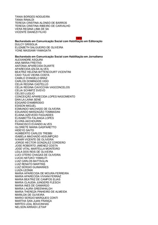 TANIA BORGES NOGUEIRA
TANIA RINALDI
TERESA CRISTINA ALONSO DE BARROS
TERESA CRISTINA RIBEIRO DE CARVALHO
VERA REGINA LIMA DE SA
VICENTE DIANEZI FILHO
1978
Bacharelado em Comunicação Social com Habilitação em Editoração
DULCY GRISOLIA
ELIZABETH SALGUEIRO DE OLIVEIRA
YONE MASSAMI YAMAGATA
Bacharelado em Comunicação Social com Habilitação em Jornalismo
ALEXANDRE ASQUINI
ANA MARIA FREITAS
ANTONIA APARECIDA DUARTE
APARECIDA IZILDA ALVES
BEATRIZ HELENA BITTENCOURT VICENTINI
CAIO TULIO VIEIRA COSTA
CAMILO D'ANGELO BRAZ
CARLOS DOMINGOS VIDO
CELIA REGINA CASTELLO
CELIA REGINA CAVICCHIA VASCONCELOS
CELIA SCHMITZ SVEVO
CELSO LUGLIO
CONCEIÇÃO APARECIDA LOPES NASCIMENTO
DAN LA LAINA SENE
EDGARD D'AMBROSIO
EDISON MIGUEL
EDMUNDO MACHADO DE OLIVEIRA
EDUARDO MARZAGÃO TOMMASINI
ELIANA AZEVEDO FAGUNDES
ELISABETTA FALANGA LOPES
ELVIRA AKCHOURIN
FRANCISCO EVANDO ALVES
GLORIETE MARIA GASPARETTO
HIDEYO SAITO
HUMBERTO CARLOS TREBBI
ISABELA MACHADO ASSUMPÇÃO
IVANIR VICENTE DE OLIVEIRA
JORGE HECTOR GONZALEZ CORDERO
JOSE ROBERTO JIMENEZ COSTA
JOSE VITAL MARTELLA MONTEIRO
LEILA DOS REIS DE OLIVEIRA
LUCI OTERO CHAGAS DE OLIVEIRA
LUCIA HATUKO YAMAUTI
LUIZ CARLOS BATTAGLIN
LUIZ RENATO MARTINS
LUIZ SERGIO GUIMARÃES
LUIZA LEDNIK
MARIA APARECIDA DE MOURA FERREIRA
MARIA APARECIDA VIVIANI FERRAZ
MARIA BEATRIZ DE CAMPOS ELIAS
MARIA CLAUDIA JUNGERS FLESCH
MARIA INES DE CAMARGO
MARIA LAURA GREENHALGH
MARIA THEREZA PINHEIRO DE ALMEIDA
MARILDA DE OLIVEIRA
MARIO SERGIO MARQUES CONTI
MARTHA SAN JUAN FRANÇA
MIRTES LEAL BOUCINHAS
NELSON ARRADI LETAIF
 