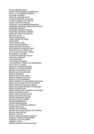 ELVIRA GRANDE GAGO
EROTHILDES ANANIAS DE MEDEIROS
ESTELLA TUCHSNIEDER ARONIS
EVELEINE ZUPARDO
EZEQUIEL MORONES DIAZ
FATIMA APARECIDA FELICIANO
FATIMA ELIZABETH DE FREITAS
FAUSTO JOSE DE MACEDO
FEDERICO LUIGI ARMANDO MENGOZZI
FERNANDO AUGUSTO MAGALHÃES PAIXÃO
FERNANDO MISMETTI
FORTUNEE DESIREE NACSON
FREDERIDO BARBOSA GHEDINI
GENULINO JOSE DOS SANTOS
HELIO DE SOUZA
IARA DE JESUS DIAS
JAIME SOARES DE ASSIS
JANE ZOGBI
JOAO ATSUSHI AOKI
JOAO HELIO DE MORAES
JORGE ANTONIO DA SILVA
JOSE AMERICO ASCENCIO DIAS
JOSE BATISTA DE CARVALHO
JULIO AUGUSTO SOAVE JUNIOR
KEI MARCOS TANAAMI
LAURITA RICARDO DE SALLES
LEA MARA LANGONE
LEDA GORGONE
LUIS SERGIO ROIZMAN
LUIZ HENRIQUE GONÇALVES ROMAGNOLI
LUIZ VITIELLO JUNIOR
MAISA DE LACERDA NAZARIO
MARCELLO CLAUDIO BOTTINI
MARCELO NOGUEIRA LEITE
MARCIA DA SILVA MOREIRA
MARCIA MARQUES
MARCIA SALLES DE ARIDA
MARCIA SASDELLI DA SILVA
MARCOS LUIZ FERNANDES
MARIA ANDREA DE LIMA GOMES NOGUEIRA
MARIA CECILIA DOS SANTOS FERREIRA
MARIA CRISTINA ROSA DE ALMEIDA
MARIA DO CARMO DE BRITO FERNANDES
MARIA ESTHER NEJM
MARIA EUGENIA DE CAMARGO B. AFFONSO
MARIA GIOVANNA PICILLO
MARIO GENTIL AGUIAR FILHO
MARISA DOLORES DIEGUEZ
MARISA MARANHÃO MAZZA
MATINAS SUZUKI JUNIOR
MIRIAM MANDELBAUM
NOEMIA MANDELBAUM
PAULO JULIO FERREIRA DAREZZO
PEDRO ADÃO RUIZ
PEDRO LUIZ FERREIRA
REGINA DE FATIMA GONÇALVES PEREIRA
REGINA LIMA DANTAS
REGINA PITOSCIA
RENATA GARCIA RANGEL MISMETTI
RICARDO RODRIGUES BONANNO
ROBERTO ELIAS SALOMÃO
ROBERTO ETHEL
SANDRA MARIA PONTES DE SOUZA
 