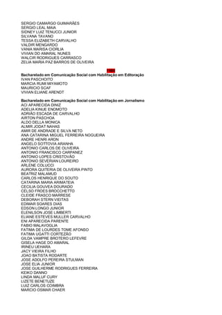 SERGIO CAMARGO GUIMARÃES
SERGIO LEAL MAIA
SIDNEY LUIZ TENUCCI JUNIOR
SILVANA TAVANO
TESSA ELIZABETH CARVALHO
VALDIR MENGARDO
VANIA MARISA CIORLIA
VIVIAN DO AMARAL NUNES
WALCIR RODRIGUES CARRASCO
ZELIA MARIA PAZ BARROS DE OLIVEIRA
1980
Bacharelado em Comunicação Social com Habilitação em Editoração
IVAN PASCHOITO
MARCIA RUMI MIYAMOTO
MAURICIO SCAF
VIVIAN ELIANE ARENDT
Bacharelado em Comunicação Social com Habilitação em Jornalismo
ACI APARECIDA DINIZ
ADELIA KINUE ENOMOTO
ADRIÃO ESCADA DE CARVALHO
AIRTON PASCHOA
ALDO DELLA MONICA
ALMIR JODAT NAHAS
AMIR DE ANDRADE E SILVA NETO
ANA CATARINA MIGUEL FERREIRA NOGUEIRA
ANDRE HENRI ARON
ANGELO SOTTOVIA ARANHA
ANTONIO CARLOS DE OLIVEIRA
ANTONIO FRANCISCO CARPANEZ
ANTONIO LOPES CRISTOVÃO
ANTONIO SEVERIAN LOUREIRO
ARLENE COLUCCI
AURORA QUITERIA DE OLIVEIRA PINTO
BEATRIZ MALAMUD
CARLOS HENRIQUE DO SOUTO
CATARINA MARIA ARIMATEIA
CECILIA GOUVEA DOURADO
CELSO FROES BROCCHETTO
CLEIDE FRASCO MARRESE
DEBORAH STERN VIEITAS
EDIMAR SOARES DIAS
EDSON LONGO JUNIOR
ELENILSON JOSE LIMBERTI
ELIANE ESTEVES MULLER CARVALHO
ENI APARECIDA PARENTE
FABIO MALAVOGLIA
FATIMA DE LOURDES TOME AFONSO
FATIMA UGATTI CORTEZÃO
GILDA VAMPRE BROTERO LEFEVRE
GISELA HAGE DO AMARAL
IRINEU UEHARA
JACY VIEIRA FILHO
JOAO BATISTA RODARTE
JOSE ADOLFO PEREIRA STULMAN
JOSE ELIA JUNIOR
JOSE GUILHERME RODRIGUES FERREIRA
KEIKO DANNO
LINDA MALUF CURY
LIZETE BENETUZE
LUIZ CARLOS COIMBRA
MARCIO OSMAR CHAER
 