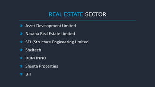 REAL ESTATE SECTOR
Asset Development Limited
Navana Real Estate Limited
SEL (Structure Engineering Limited
Sheltech
DOM INNO
Shanta Properties
BTI
 