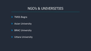 NGO’s & UNIVERSITIES
TMSS Bogra
Asian University
BRAC University
Uttara University
 