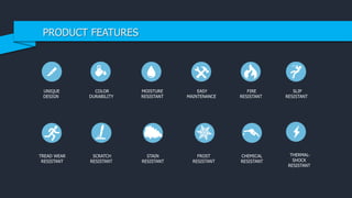 PRODUCT FEATURES
FIRE
RESISTANT
COLOR
DURABILITY
MOISTURE
RESISTANT
EASY
MAINTENANCE
UNIQUE
DESIGN
THERMAL-
SHOCK
RESISTANT
TREAD WEAR
RESISTANT
SCRATCH
RESISTANT
STAIN
RESISTANT
FROST
RESISTANT
CHEMICAL
RESISTANT
SLIP
RESISTANT
 