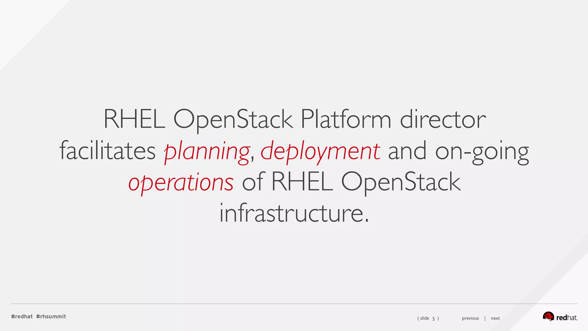 ( slide ) previous | next
RHEL OpenStack Platform director
facilitates planning, deployment and on-going
operations of RHEL OpenStack
infrastructure.
5
 