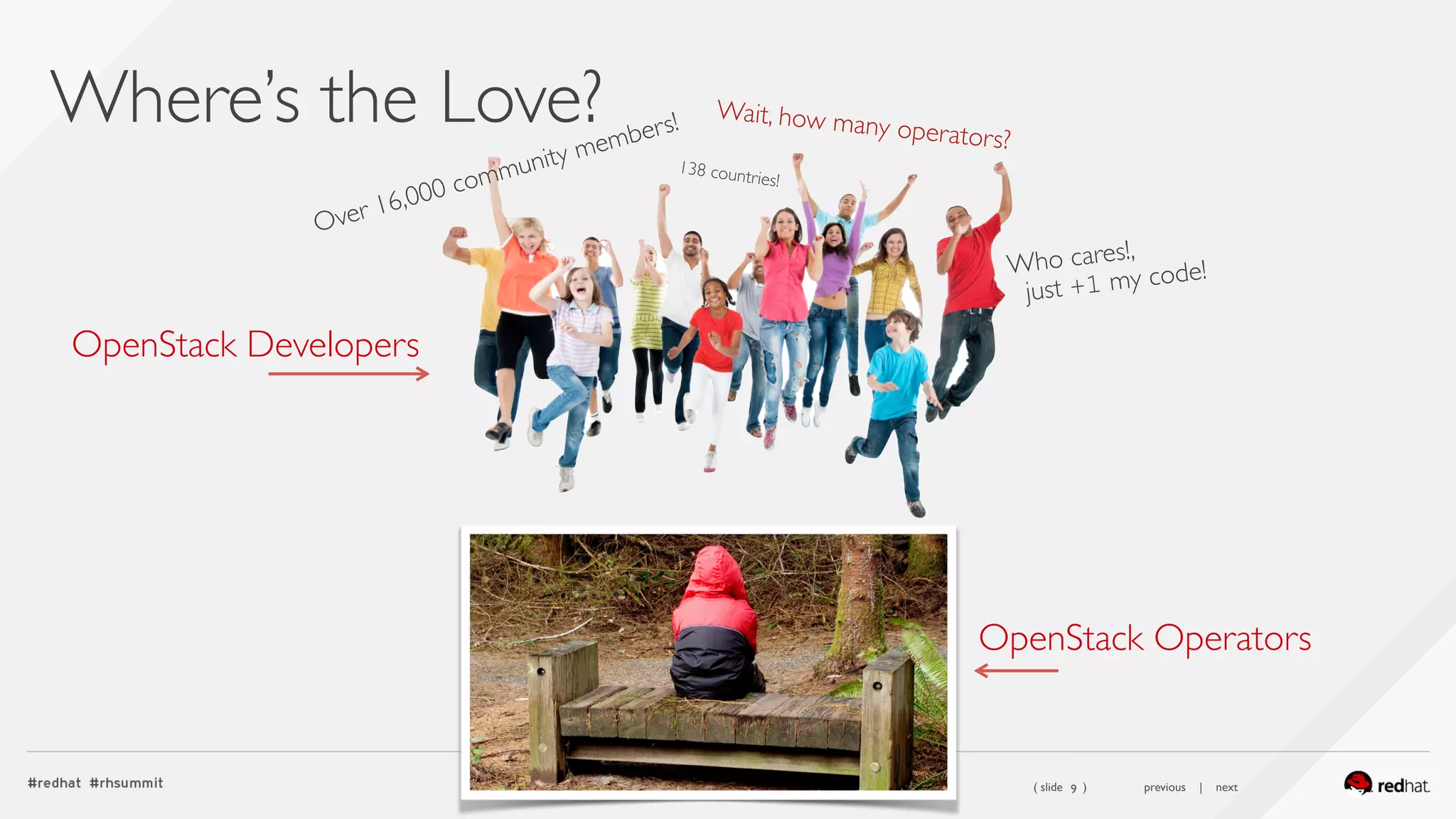 ( slide ) previous | next
Where’s the Love?
9
OpenStack Operators
OpenStack Developers
Over 16,000 community members!
138 countries!
Wait, how many operators?
Who cares!,  
just +1 my code!
 
