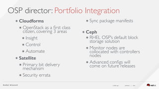 ( slide ) previous | next
OSP director: Portfolio Integration
44
๏ Cloudforms
๏ OpenStack as a ﬁrst class
citizen, covering 3 areas
๏ Insight
๏ Control
๏ Automate
๏ Satellite
๏ Primary bit delivery
mechanism
๏ Security errata
๏ Sync package manifests
๏ Ceph
๏ RHEL OSP’s default block
storage solution
๏ Monitor nodes are
collocated with controllers
nodes
๏ Advanced conﬁgs will
come on future releases
 