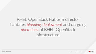( slide ) previous | next
RHEL OpenStack Platform director
facilitates planning, deployment and on-going
operations of RHEL OpenStack
infrastructure.
5
 