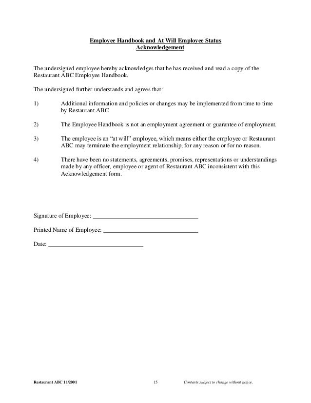2001 employee manual employee acknowledgement form