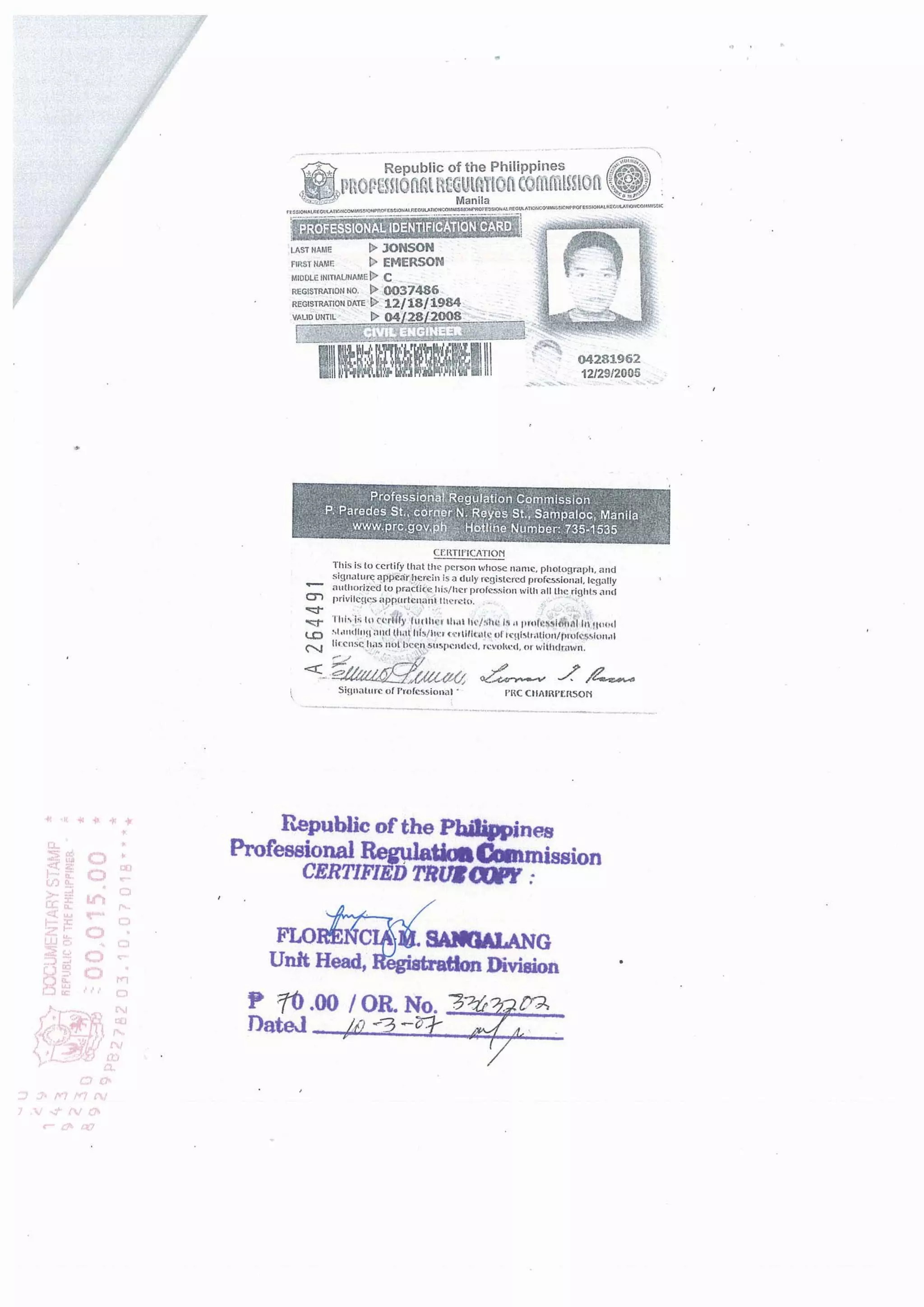 PRC Certified True Copy of Professional ID