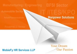 Automobile Sector
IT /ITES/KPO
Manufacturing / Engineering
Food/FMCG Sector
Retail/Pharmaceuticals
BFSI Sector
Hospitality Sector
MobieFy HR Services LLP
Manpower Solutions
Your Dream
Our Passion
 