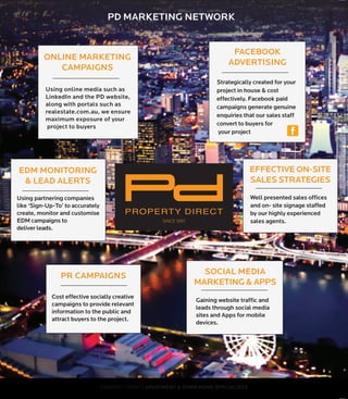 PD MARKETING NETWORK
Using online media such as
LinkedIn and the PD website,
along with portals such as
realestate.com.au, we ensure
maximum exposure of your
project to buyers
ONLINE MARKETING
CAMPAIGNS
Using partnering companies
like ‘Sign-Up-To’ to accurately
create, monitor and customise
EDM campaigns to
deliver leads.
EDM MONITORING
& LEAD ALERTS
Cost effective socially creative
campaigns to provide relevant
information to the public and
attract buyers to the project.
PR CAMPAIGNS
Strategically created for your
project in house & cost
effectively. Facebook paid
campaigns generate genuine
enquiries that our sales staff
convert to buyers for
your project
FACEBOOK
ADVERTISING
Well presented sales offices
and on- site signage staffed
by our highly experienced
sales agents.
EFFECTIVE ON-SITE
SALES STRATEGIES
Gaining website traffic and
leads through social media
sites and Apps for mobile
devices.
SOCIAL MEDIA
MARKETING & APPS
SINCE 1997
PROPERTY DIRECT
PROPERTY DIRECT APARTMENT & TOWN HOME SPECIALISTS
 