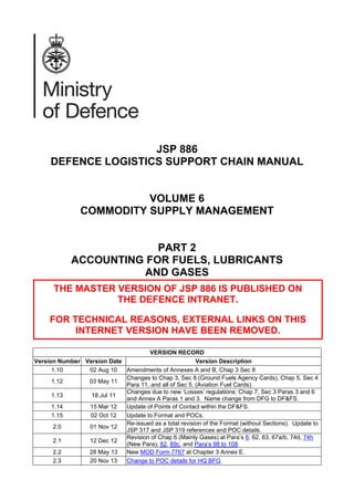 JSP 886
DEFENCE LOGISTICS SUPPORT CHAIN MANUAL
VOLUME 6
COMMODITY SUPPLY MANAGEMENT
PART 2
ACCOUNTING FOR FUELS, LUBRICANTS
AND GASES
VERSION RECORD
Version Number Version Date Version Description
1.10 02 Aug 10 Amendments of Annexes A and B, Chap 3 Sec 8
1.12 03 May 11
Changes to Chap 3, Sec 8 (Ground Fuels Agency Cards), Chap 5, Sec 4
Para 11, and all of Sec 5. (Aviation Fuel Cards).
1.13 18 Jul 11
Changes due to new ‘Losses’ regulations: Chap 7, Sec 3 Paras 3 and 6
and Annex A Paras 1 and 3. Name change from DFG to DF&FS.
1.14 15 Mar 12 Update of Points of Contact within the DF&FS.
1.15 02 Oct 12 Update to Format and POCs.
2.0 01 Nov 12
Re-issued as a total revision of the Format (without Sections). Update to
JSP 317 and JSP 319 references and POC details.
2.1 12 Dec 12
Revision of Chap 6 (Mainly Gases) at Para’s 8, 62, 63, 67a/b, 74d, 74h
(New Para), 82, 89c, and Para’s 98 to 108.
2.2 28 May 13 New MOD Form 7767 at Chapter 3 Annex E.
2.3 20 Nov 13 Change to POC details for HQ BFG.
THE MASTER VERSION OF JSP 886 IS PUBLISHED ON
THE DEFENCE INTRANET.
FOR TECHNICAL REASONS, EXTERNAL LINKS ON THIS
INTERNET VERSION HAVE BEEN REMOVED.
 