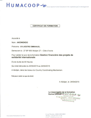 Certificat de Formation Gestion Financiere - HUMACOOP