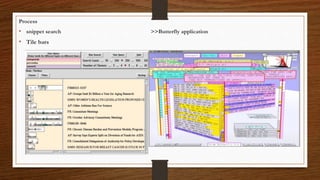 Process
• snippet search >>Butterfly application
• Tile bars
 