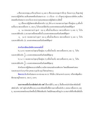 x เป็นระยะจากจุด p หรือ Q ถึงแนว A0 และ L เป็นระยะจากจุด P หรือ Q ถึงแนว S1S2 ถ้าจุด Pอยู่
บนแนวปฏิบัพใดๆ จะต้องสอดคล้องกับสมการ (4 - 11 ) ถึง (4 - 13 ) ถ้าจุด Q อยู่บนแนวบัพใดๆ จะต้อง
สอดคล้องกับสมการ (4-8) ถึง (4-10) ความหมายของแนวปฏิบัพต่างๆ มีดังนี้
A0 ( เป็นแนวปฏิบัพกลางต้องตั้งฉากกับ S1S2 มีค่า n=0 ) หมายความว่าจุด P ซึ่งอยู่บน A0 คลื่นน้า
จะสั้นแรง เพราะคลื่นจาก S1 และ S2 วิ่งในระยะที่เท่ากัน มาแทรกสอดแบบเสริมกันพอดีที่จุด P
A1 (n=1)หมายความว่า จุด P บน A1 คลื่นน้าจะสั่นแรง เพราะคลื่นจาก S1 และ S2 วิ่งใน
ระยะทางทีต่างกัน  (ความยาวคลื่นของคลื่นน้า) มาแทรกสอดแบบเสริมกันพอดีทีจุด P
A2 (n=2) หมายความว่า จุด P บน A1 คลื่นน้าจะสั่นแรง เพราะคลื่นจาก S1 และ S2 วิ่งใน
ระยะทางทีต่างกัน 2 มาแทรกสอดแบบเสริมกันพอดีทีจุด P
สาหรับกรณีของบัพมีความหมายดังนี้
N1 ( n=0 ) หมายความว่าจุด Q ซึ่งอยู่บน N1 คลื่นน้าจะนิ่ง เพราะคลื่นจาก S1 และ S2 วิ่งใน
ระยะทางทีต่างกัน
1
2
 มาแทรกสอดแบบเสริมกันพอดีทีจุด Q
N1 ( n=1 ) หมายความว่าจุด Q ซึ่งอยู่บน N1 คลื่นน้าจะนิ่ง เพราะคลื่นจาก S1 และ S2 วิ่งใน
ระยะทางทีต่างกัน
3
2
 มาแทรกสอดแบบเสริมกันพอดีทีจุด Q
สาหรับแนวปฏิบัพและแนวบัพอื่นๆ จะมีความหมายทานองเดียวกน โดยเปลี่ยนผลต่างของ
ระยะทางระหว่าง S1P กับ S2Pและ S1Q กับ S2Q ไปตามค่าของ n
ข้อควรระวัง สาหรับสมการ (4-10) และ (4-13) ใช้เมื่อ L มีค่ามากกว่า d มากๆ หรือกรณีจุดที่เรา
พิจารณาอยู่ไกลจาก S1 และ S2 มากๆ
สมการของคลื่นนิ่งกรณีเฟสต่างกัน 1800
เป็นกรณีที่ S1 และ S2 ซึ่งเป็นแหล่งกาเนิดอาพันธ์แต่มี
เฟสต่างกัน 1800
อยู่ห่างกันเป็นระยะ d และปล่อยคลื่นที่มีความยาวคลื่นเท่ากับ  ออกมา คลื่นจาก S1 และ
S2 จะมาแทรกสอดกันและเกิดคลื่นนิ่งได้เช่นเดียงกัน โดยมีลักษณะคล้ายรูป 4.16 สมการทีเกี่ยวข้องมีดังนั้น
 