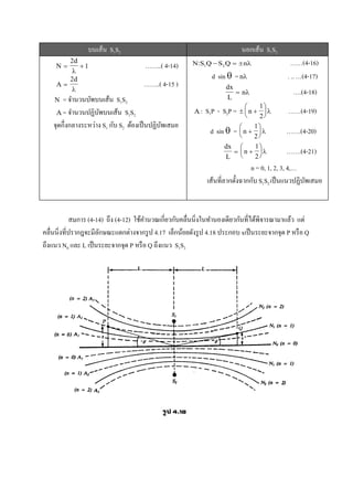 บนเส้น S1S2 นอกเส้น S1S2
  
2
1
d

……..( 4-14)
 
2d

……..( 4-15 )
 = จานวนบัพบนเส้น S1S2
 = จานวนปฏิบัพบนเส้น S1S2
จุดกึ่งกลางระหว่าง S1 กับ S2 ต้องเป็นปฏิบัพเสมอ
:S Q S Q n1 2    ……(4-16)
d sin  =n . .. …(4-17)
dx
L
n  ….(4-18)
 : S1P - S2P =  





n
1
2
 ……(4-19)
d sin  = n 






1
2
 …….(4-20)
dx
L
 n 






1
2
 …….(4-21)
n = 0, 1, 2, 3, 4,…
เส้นที่ลากตั้งฉากกับ S1S2 เป็นแนวปฏิบัพเสมอ
สมการ (4-14) ถึง (4-12) ใช้คานวณเกี่ยวกับคลื่นนิ่งในทานองเดียวกันที่ได้พิจารณามาแล้ว แต่
คลื่นนิ่งที่ปรากฎจะมีลักษณะแตกต่างจากรูป 4.17 เล็กน้อยดังรูป 4.18 ประกอบ xเป็นระยะจากจุด P หรือ Q
ถึงแนว N0 และ L เป็นระยะจากจุด P หรือ Q ถึงแนว S1S2
 