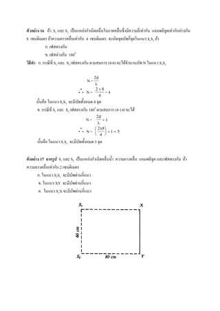 ตัวอย่าง 16 ถ้า S1 และ S2 เป็นแหล่งกาเนิดคลื่นในถาดคลื่นซึ่งมีความถี่เท่ากัน แอมพลิจูดเท่ากันห่างกัน
8 เซนติเมตร ถ้าความยาวคลื่นเท่ากับ 4 เซนติเมตร จะเกิดจุดบัพกี่จุดในแนว S1S2 ถ้า
ก. เฟสตรงกัน
ข. เฟสต่างกัน 1800
วิธีทา ก. กรณีที่ S1 และ S2 เฟสตรงกัน ตามสมการ (4-6) จะได้จานวนบัพ N ในแนว S1S2
N =
2d

 N =
2 8
4

= 4
นั้นคือ ในแนว S1S2 จะมีบัพทั้งหมด 4 จุด
ข. กรณีที่ S1 และ S2 เฟสตรงกัน 1800
ตามสมการ (4-14) จะได้
N =
2
1
d


 N =
2 8
4
1 5
x




  
นั้นคือ ในแนว S1S2 จะมีบัพทั้งหมด 5 จุด
ตังอย่าง 17 จากรูป S1 และ S2 เป็นแหล่งกาเนิดคลื่นน้า ความยาวคลื่น แอมพลิจูด และเฟสตรงกัน ถ้า
ความยาวคลื่นเท่ากับ 2 เซนติเมตร
ก. ในแนว S1S2 จะมีบัพผ่านกี่แนว
ข. ในแนว XY จะมีบัพผ่านกี่แนว
ค. ในแนว S1X จะมีบัพผ่านกี่แนว
 