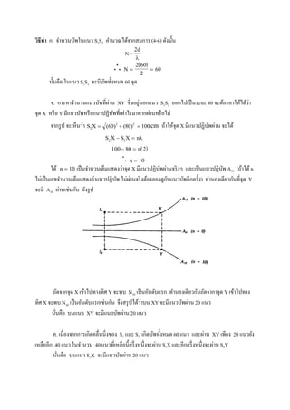 วิธีทา ก. จานวนบัพในแนว S1S2 คานวณได้จากสมการ (4-6) ดังนั้น
N =
2d

  
  
2 60
2
60
นั้นคือ ในแนว S1S2 จะมีบัพทั้งหมด 60 จุด
ข. การหาจานวนแนวบัพที่ผ่าน XY ซึ่งอยู่นอกแนว S1S2 ออกไปเป็นระยะ 80 จะต้องหาให้ได้ว่า
จุด X หรือ Y มีแนวบัพหรือแนวปฏิบัพที่เท่าไรมาพากผ่านหรือไม่
จากรูป จะเห็นว่า S X2
2 2
60 80 100  ( ) ( ) cm ถ้าให้จุด X มีแนวปฏิบัพผ่าน จะได้
S S n2 1   
 100 80 2  n
 n  10
ได้ n  10 เป็นจานวนเต็มแสดงว่าจุด X มีแนวปฏิบัพผ่านจริงๆ และเป็นแนวปฏิบัพ A10 (ถ้าได้n
ไม่เป็นเลขจานวนเต็มแสดงว่าแนวปฏิบัพ ไม่ผ่านจริงต้องลองดูกับแนวบัพอีกครั้ง) ทานองเดียวกันที่จุด Y
จะมี A10 ผ่านเช่นกัน ดังรูป
ถัดจากจุด X เข้าไปทางทิศ Y จะพบ N10 เป็นอันดับแรก ทานองเดียวกันถัดจากาจุด Y เข้าไปทาง
ทิศ X จะพบ N10 เป็นอันดับแรกเช่นกัน จึงสรุปได้ว่าบน XY จะมีแนวบัพผ่าน 20 แนว
นั่นคือ บนแนว XY จะมีแนวบัพผ่าน 20 แนว
ค. เนื่องจากการเกิดคลื่นนิ่งของ S1 และ S2 เกิดบัพทั้งหมด 60 แนว และผ่าน XY เพียง 20 แนวยัง
เหลืออีก 40 แนว ในจานวน 40 แนวที่เหลือนี้ครึ่งหนึ่งจะผ่าน S1X และอีกครึ่งหนึ่งจะผ่าน S2Y
นั่นคือ บนแนว S1X จะมีแนวบัพผ่าน 20 แนว
 