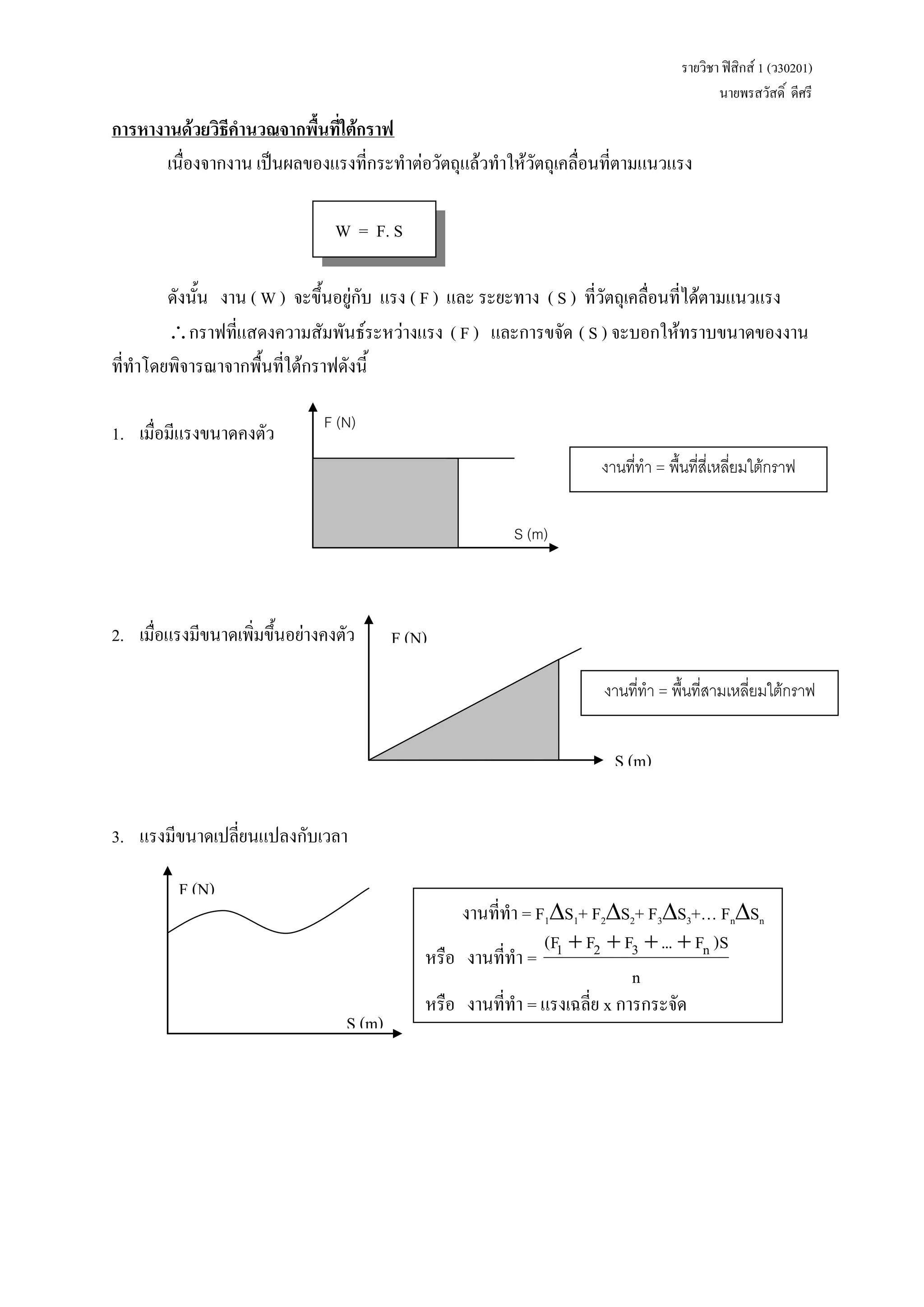 รายวิชา ฟิสิกส์ 1 (ว30201) 
นายพรสวัสดิ์ ดีศรี 
การหางานด้วยวิธีคานวณจากพื้นที่ใต้กราฟ 
เนื่องจากงาน เป็นผลของแรงที่กระทาต่อวัตถุแล้วทาให้วัตถุเคลื่อนที่ตามแนวแรง 
W = F. S 
ดังนั้น งาน ( W ) จะขึ้นอยู่กับ แรง ( F ) และ ระยะทาง ( S ) ที่วัตถุเคลื่อนที่ได้ตามแนวแรง 
กราฟที่แสดงความสัมพันธ์ระหว่างแรง ( F ) และการขจัด ( S ) จะบอกให้ทราบขนาดของงาน 
ที่ทาโดยพิจารณาจากพื้นที่ใต้กราฟดังนี้ 
1. เมื่อมีแรงขนาดคงตัว 
2. เมื่อแรงมีขนาดเพิ่มขึ้นอย่างคงตัว 
3. แรงมีขนาดเปลี่ยนแปลงกับเวลา 
งานที่ทา = F1S1+ F2S2+ F3S3+… FnSn 
หรือ งานที่ทา = 
n 
(F1  F2  F3 ...  Fn )S 
หรือ งานที่ทา = แรงเฉลี่ย x การกระจัด 
F (N) 
S (m) 
งานที่ทา = พื้นที่สี่เหลี่ยมใต้กราฟ 
F (N) 
S (m) 
งานที่ทา = พื้นที่สามเหลี่ยมใต้กราฟ 
F (N) 
S (m) 
 