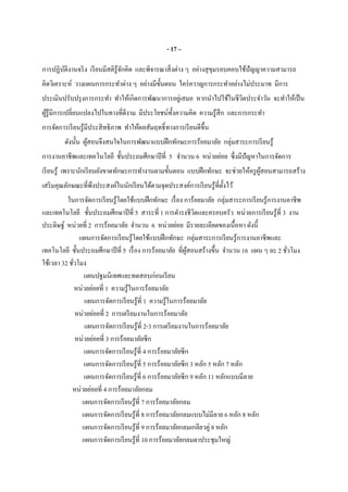 - 17 –
การปฏิบัติงานจริง เรียนมีสติรู้จักคิด และพิจารณาสิงต่าง ๆ อย่างสุขุมรอบคอบใช้ปัญญาความสามารถ
คิดวิเคราะห์ วางแผนการกระทําต่าง ๆ อย่างมีขันตอน ใคร่ควาญการกระทําอย่างไม่ประมาท มีการ
ประเมินปรับปรุงการกระทํา ทําให้เกิดการพัฒนาการอยู่เสมอ หากนําไปใช้ในชีวิตประจําวัน จะทําให้เป็น
ผู้รู้มีการเปลียนแปลงไปในทางทีดีงาม มีประโยชน์ทังความคิด ความรู้สึก และการกระทํา
การจัดการเรียนรู้มีประสิทธิภาพ ทําให้ผลสัมฤทธิทางการเรียนดีขึน
ดังนัน ผู้สอนจึงสนใจในการพัฒนาแบบฝึกทักษะการร้อยมาลัย กลุ่มสาระการเรียนรู้
การงานอาชีพและเทคโนโลยี ชันประถมศึกษาปีที 5 จํานวน 6 หน่วยย่อย ซึงมีปัญหาในการจัดการ
เรียนรู้ เพราะนักเรียนยังขาดทักษะการทํางานตามขันตอน แบบฝึกทักษะ จะช่วยให้ครูผู้สอนสามารถสร้าง
เสริมคุณลักษณะทีพึงประสงค์ในนักเรียนได้ตามจุดประสงค์การเรียนรู้ทีตังไว้
ในการจัดการเรียนรู้โดยใช้แบบฝึกทักษะ เรือง การ้อยมาลัย กลุ่มสาระการเรียนรู้การงานอาชีพ
และเทคโนโลยี ชันประถมศึกษาปีที 5 สาระที 1 การดํารงชีวิตและครอบครัว หน่วยการเรียนรู้ที 3 งาน
ประดิษฐ์ หน่วยที 2 การร้อยมาลัย จํานวน 6 หน่วยย่อย มีรายละเอียดของเนือหา ดังนี
แผนการจัดการเรียนรู้โดยใช้แบบฝึกทักษะ กลุ่มสาระการเรียนรู้การงานอาชีพและ
เทคโนโลยี ชันประถมศึกษาปีที 5 เรือง การร้อยมาลัย ทีผู้สอนสร้างขึน จํานวน 16 แผน ๆ ละ 2 ชัวโมง
ใช้เวลา 32 ชัวโมง
แผนปฐมนิเทศและทดสอบก่อนเรียน
หน่วยย่อยที 1 ความรู้ในการร้อยมาลัย
แผนการจัดการเรียนรู้ที 1 ความรู้ในการร้อยมาลัย
หน่วยย่อยที 2 การเตรียมงานในการร้อยมาลัย
แผนการจัดการเรียนรู้ที 2-3 การเตรียมงานในการร้อยมาลัย
หน่วยย่อยที 3 การร้อยมาลัยซีก
แผนการจัดการเรียนรู้ที 4 การร้อยมาลัยซีก
แผนการจัดการเรียนรู้ที 5 การร้อยมาลัยซีก 3 หลัก 5 หลัก 7 หลัก
แผนการจัดการเรียนรู้ที 6 การร้อยมาลัยซีก 9 หลัก 11 หลักแบบมีลาย
หน่วยย่อยที 4 การร้อยมาลัยกลม
แผนการจัดการเรียนรู้ที 7 การร้อยมาลัยกลม
แผนการจัดการเรียนรู้ที 8 การร้อยมาลัยกลมแบบไม่มีลาย 6 หลัก 8 หลัก
แผนการจัดการเรียนรู้ที 9 การร้อยมาลัยกลมเกลียวคู่ 8 หลัก
แผนการจัดการเรียนรู้ที 10 การร้อยมาลัยกลมตาประชุมใหญ่
 