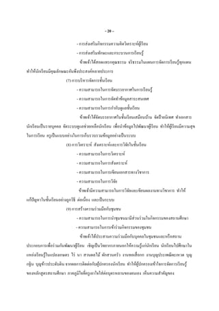 - 20 –
- การส่งเสริมกิจกรรมความคิดวิเคราะห์ผู้เรียน
- การส่งเสริมทักษะและกระบวนการเรียนรู้
ข้าพเจ้าได้สอดแทรกคุณธรรม จริธรรมในแผนการจัดการเรียนรู้ทุกแผน
ทําให้นักเรียนมีคุณลักษณะอันพึงประสงค์หลายประการ
(7) การบริหารจัดการชันเรียน
- ความสามารถในการจัดบรรยากาศในการเรียนรู้
- ความสามารถในการจัดทําข้อมูลสาระสนเทศ
- ความสามารถในการกํากับดูแลชันเรียน
ข้าพเจ้าได้จัดบรรยากาศในชันเรียนเสมือนบ้าน จัดป้ ายนิเทศ ทําเอกสาร
นักเรียนเป็นรายบุคคล จัดระบบดูแลช่วยเหลือนักเรียน เพือนําข้อมูลไปพัฒนาผู้เรียน ทําให้ผู้เรียนมีความสุข
ในการเรียน ครูเป็นแบบอย่างในการเก็บรวบรวมข้อมูลอย่างเป็นระบบ
(8) การวิเคราะห์ สังเคราะห์และการวิจัยในชันเรียน
- ความสามารถในการวิเคราะห์
- ความสามารถในการสังเคราะห์
- ความสามารถในการเขียนเอกสารทางวิชาการ
- ความสามารถในการวิจัย
ข้าพเจ้ามีความสามารถในการวิจัยและเขียนผลงานทางวิชาการ ทําให้
แก้ปัญหาในชันเรียนอย่างถูกวิธี ต่อเนือง และเป็นระบบ
(9) การสร้างความร่วมมือกับชุมชน
- ความสามารถในการนําชุมชนมามีส่วนร่วมในกิจกรรมของสถานศึกษา
- ความสามารถในการเข้าร่วมกิจกรรมของชุมชน
ข้าพเจ้าได้ประสานความร่วมมือกับบุคคลในชุมชนและหรือสถาน
ประกอบการเพือร่วมกันพัฒนาผู้เรียน เชิญเป็นวิทยากรภายนอกให้ความรู้แก่นักเรียน นักเรียนไปศึกษาใน
แหล่งเรียนรู้ในแปลงเกษตร ไร่ นา สวนผลไม้ ผักสวนครัว งานทอเสือกก งานบุญประเพณีผะเหวด บุญ
กฐิน บุญข้าวประดับดิน จากผลการติดต่อกับผู้ปกครองนักเรียน ทําให้ผู้ปกครองเข้าใจการจัดการเรียนรู้
ของหลักสูตรสถานศึกษา ภาคภูมิใจทีครูเอาใจใส่ต่อบุตรหลานของตนเอง เห็นความสําคัญของ
 