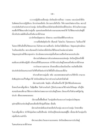 - 23 –
(1) การปฏิบัติงานเป็นกลุ่ม นักเรียนมีการปรึกษา วางแผน และแบ่งหน้าทีกัน
รับผิดชอบในการปฏิบัติงาน มีการช่วยเหลือกัน มีความกระตือรือร้น ให้ความสนใจต่อการเรียน เพราะมี
การแข่งขันกันทํางานระหว่างกลุ่ม นักเรียนทีเรียนเก่งจึงช่วยเหลือนักเรียนทีเรียนอ่อน เข้าร่วมกิจกรรมทุก
คนเพือให้ได้ผลงานดีกว่ากลุ่มอืน ทุกคนช่วยเหลือกันทํางานตามบทบาทหน้าที จึงได้ผลงานประดิษฐ์ที
เกียวกับประเพณีท้องถินเสร็จทันเวลาทีกําหนด
(2) นักเรียนมีคุณธรรม จริยธรรม และค่านิยมทีดีในการทํางาน
- ความซือสัตย์สุจริต คือ เป็นคนดี ไม่คดโกง ไม่หลอกลวง ไม่เห็นแก่ได้
ไม่อยากได้ในสิงทีไม่ใช่ของเราเอง ไม่อําพรางความเป็นจริง นักเรียนไม่ยึดสิงของ วัสดุและอุปกรณ์ของ
โรงเรียนกลับบ้าน เพราะสังเกตแล้วว่าหลังจากทีนักเรียนได้เรียนจบในแต่ละหน่วยย่อย
วัสดุและอุปกรณ์ใช้ครบทุกอย่าง ประเมินผลงานของกลุ่มอืนด้วยความเป็นจริงตามแบบประเมิน
-มีความรับผิดชอบการทํางานต่อตนเองและต่อกลุ่ม นักเรียนรู้จักหน้าทีที
ตนต้องกระทําต้องปฏิบัติ หรือตามทีได้รับมอบหมาย ทําให้การประดิษฐ์ใบตองเสร็จทันเวลาทีกําหนด
-การรักษาความสะอาด เก็บของเป็นระเบียบเรียบร้อย จนเกิดเป็นนิสัย
ประจําตัวนักเรียนสามารถนําไปใช้ในชีวิตประจําวันได้ทังทีโรงเรียนและทีบ้าน
-ทํางานด้วยความมุ่งมัน ขยัน และอดทนพยายามทํางานให้สําเร็จ สามารถ
ฝ่าฟันอุปสรรคแก้ไขปัญหาได้ นักเรียนมีทักษะในการทํางานร่วมกันสําเร็จด้วยดี
-มีความประหยัด วัตถุดิบ เครืองมือเครืองใช้ รู้จักใช้จ่ายเงินทองและ
สิงของในทางทีถูกทีควร ไม่ฟุ่มเฟือย ไม่ทํางานเกินตัว รู้จักประมาณรายได้รายจ่ายให้สมดุล หรือรู้จัก
สะสมเงินทองทีหามาได้จากการจัดจําหน่ายผลงานการประดิษฐ์ใบตอง มีคนมาจ้างไปทําบายศรีสู่ขวัญ
ประจํา เพืออนาคตของตนเอง
-มีความเอือเฟือเผือแผ่ ในกลุ่มเดียวกันและระหว่างกลุ่มแบ่งวัสดุและ
อุปกรณ์ทีนํามาประดิษฐ์ใบตองทีเหลือให้กลุ่มทีไม่พอ เป็นต้น
-มีความรักสามัคคีและช่วยเหลือกันในกลุ่ม และระหว่างกลุ่ม รักพวกพ้อง
ในทางทีถูกทีควร ทําให้กลุ่มเกิดความเป็นปึกแผ่น นักเรียนรู้จักยกย่องชมเชยผู้อืน เมือสมาชิกในกลุ่มหรือ
กลุ่มอืนทํางานสําเร็จ
-มีความระมัดระวังและความรอบคอบ นักเรียนมีผลงานการประดิษฐ์
ใบตองส่งตามเวลาทีกําหนด
 