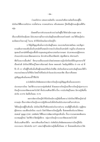 - 24 –
-ร่วมอภิปราย แสดงความคิดเห็น และยอมรับฟังความคิดเห็นของผู้อืน
นักเรียนได้ฝึกการอภิปราย การตังคําถาม การตอบคําถาม กล้าแสดงออก รู้จักเป็นผู้นําและผู้ตามทีดีใน
กลุ่ม
-มีเจตคติในการทํางานและทํางานร่วมกับผู้อืนได้อย่างมีความสุข เพราะ
เป็นงานทีนักเรียนคุ้นเคย มีประสบการณ์ในการประดิษฐ์ใบตองทีครอบครัวเคยทํา และได้เรียนรู้อย่าง
ละเอียดจากใบความรู้ ใบงาน ทําให้นักเรียนเกิดการเรียนรู้เร็ว
3) ใช้ภูมิปัญญาท้องถินการประดิษฐ์ใบตอง เหมาะสมกับสภาพสังคม และปัญหา
ความต้องการของท้องถินบ้านสามัคคีในเขตบริการของโรงเรียนบ้านสามัคคี 3 หมู่บ้าน บริบทสภาพ
ชุมชนบ้านสามัคคีตังอยู่บนพืนทีราบอุดมสมบูรณ์เหมาะสมกับการเกษตร ประชาชนและผู้ปกครอง
ส่วนมากประกอบอาชีพเกษตรกรรม มีการทํานาเป็นอาชีพหลัก ปลูกพืชสวน ผักสวนครัว
พืชไร่และการเลียงสัตว์ ทีสามารถเป็นแบบอย่างโดยถ่ายทอดความรู้แก่นักเรียนทีเป็นบุตรหลานได้
เป็นอย่างดี นักเรียนได้เรียนรู้โดยการสัมภาษณ์ สังเกต ทดลองทํา โดยมีญาติพีน้อง ย่า ยาย แม่ พี
ป้ า น้า อา หรือผู้รู้ในท้องถินเป็นผู้ถ่ายทอดให้อย่างใกล้ชิด นักเรียนจึงสามารถประดิษฐ์ใบตองได้เร็ว
สามารถนําผลงานไปใช้ประโยชน์ในชีวิตประจําวันและประกอบอาชีพ เป็นการสืบทอด
ภูมิปัญญาท้องถินแขนงนีไว้สืบไป
4) ค่าดัชนีประสิทธิผลของการจัดการเรียนรู้จากภูมิปัญญาท้องถินและเอกสาร
ประกอบการเรียน โดยใช้กระบวนการกลุ่มสัมพันธ์ ด้วยแผนการเรียนรู้และสือการเรียนรู้กลุ่มสาระการ
เรียนรู้การงานอาชีพและเทคโนโลยี ชันประถมศึกษาปีที 6 เรือง การประดิษฐ์ใบตอง มีความรู้เพิมขึน
เท่ากับ 0.5370 คิดเป็นร้อยละ 53.70
ผลการจัดการเรียนรู้ทําให้นักเรียนมีความรู้เพิมขึนเพราะว่านักเรียนได้เรียนรู้อย่างมี
ความสุข เป็นการจัดการเรียนรู้จากการปฏิบัติงานจริงทีนักเรียนมีประสบการณ์ในการทํางาน
ได้เรียนรู้จากผู้รู้ในท้องถิน นักเรียนได้แก้ไขข้อบกพร่องในการทํางาน ตามทีผู้รู้ในท้องถิน ครูผู้สอน
ผู้ปกครอง และเพือนนักเรียน แนะนํา จึงทําให้ผลการเรียนรู้สูงขึน ซึงสอดคล้องกับงานวิจัยของ
สมพงษ์ บุญญะ (2549 : บทคัดย่อ) ได้ศึกษาการพัฒนาหลักสูตรท้องถิน เรือง การเกษตรพอเพียงตาม
แนวทฤษฎีใหม่ โดยใช้การวิจัยปฏิบัติการ กลุ่มการเรียนรู้การงานอาชีพและเทคโนโลยี
ชันประถมศึกษาปีที 6 ผลการศึกษาค้นคว้าพบว่า ค่าดัชนีประสิทธิผลของแผนการเรียนรู้ทีเน้น
กระบวนการ มีค่าเท่ากับ 0.877 แสดงว่าผู้เรียนมีความรู้เพิมขึนร้อยละ 87 ซึงสอดคล้องกับการวิจัย
 