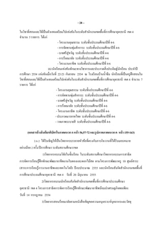 - 28 –
ในวิชาทีสอนและได้เป็นตัวแทนเตรียมไปแข่งขันในระดับสํานักงานเขตพืนทีการศึกษาอุดรธานี เขต4
จํานวน 5รายการ ได้แก่
-โครงงานคุณธรรม ระดับชันประถมศึกษาปีที 4-6
-การจัดพานพุ่มสักการะ ระดับชันประถมศึกษาปีที 4-6
-บายศรีสู่ขวัญ ระดับชันประถมศึกษาปีที 4-6
-การร้อยมาลัย ระดับชันประถมศึกษาปีที 4-6
-โครงงานอาชีพ ระดับชันประถมศึกษาปีที 4-6
(6)นักเรียนแข่งขันทักษะทางวิชาการและประกวดสิงประดิษฐ์นักเรียน ประจําปี
การศึกษา 2554 แข่งขันเมือวันที 22-23 กันยายน 2554 ณ โรงเรียนบ้านนําซึม นักเรียนทีเป็นครูฝึกสอนใน
วิชาทีสอนและได้เป็นตัวแทนเตรียมไปแข่งขันในระดับสํานักงานเขตพืนทีการศึกษาอุดรธานี เขต4 จํานวน 7
รายการ ได้แก่
-โครงงานคุณธรรม ระดับชันประถมศึกษาปีที 4-6
-การจัดพานพุ่มสักการะ ระดับชันประถมศึกษาปีที 4-6
-บายศรีสู่ขวัญ ระดับชันประถมศึกษาปีที 4-6
-การร้อยมาลัย ระดับชันประถมศึกษาปีที 4-6
-โครงงานอาชีพ ระดับชันประถมศึกษาปีที 4-6
-ประกวดมารยาทไทย ระดับชันประถมศึกษาปีที 4-6
-วาดภาพระบายสี ระดับชันประถมศึกษาปีที 4-6
(เอกสารอ้างอิงเกียรติบัตรในภาคผนวกกหน้า56,57-72 และรูปภาพภาคผนวกค หน้า 155-163)
2.6.2 ได้รับเชิญให้เป็นวิทยากรบรรยายหัวข้อทีตรงกับภารกิจ/งานทีได้รับมอบหมาย
อย่างน้อย 2 ครัง/ปีการศึกษา ระดับสถานศึกษา/เขต
1)วิทยากรอบรมวิจัยในชันเรียน ในระดับสถานศึกษาวิทยากรอบรมการสาธิต
การจัดการเรียนรู้ฝึกทักษะพัฒนาอาชีพงานใบตองและดอกไม้สด ตามโครงการพัฒนาครู 10 ศูนย์สาระ
(สาระการเรียนรู้การงานอาชีพและเทคโนโลยี) ปีงบประมาณ 2555 และนักเรียนสังกัดสํานักงานเขตพืนที
การศึกษาประถมศึกษาอุดรธานี เขต 4 วันที 20 มิถุนายน 2555
2)วิทยากรอบรมนักเรียนสังกัดสํานักงานเขตพืนทีการศึกษาประถมศึกษา
อุดรธานี เขต 4 โครงการสาธิตการจัดการเรียนรู้ฝึกทักษะพัฒนาอาชีพน้อมนําเศรษฐกิจพอเพียง
วันที 14 กรกฎาคม 2554
3)วิทยากรสอนร้อยมาลัยตามหนังสือเชิญขอความอนุเคราะห์บุคลากรและวัสดุ
 