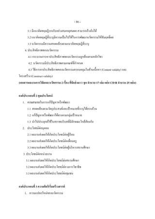 - 31 –
3.1 มีแนวคิดทฤษฎีรองรับอย่างสมเหตุสมผล สามารถอ้างอิงได้
3.2 แนวคิดทฤษฎีทีระบุมีความเป็นไปได้ในการพัฒนานวัตกรรมให้สัมฤทธิผล
3.3 นวัตกรรมมีความสอดคล้องตามแนวคิดทฤษฎีทีระบุ
4. ประสิทธิภาพของนวัตกรรม
4.1 กระบวนการหาประสิทธิภาพของนวัตกรรมถูกต้องตามหลักวิชา
4.2 นวัตกรรมมีประสิทธิภาพตามเกณฑ์ทีกําหนด
4.3 วิธีการหาประสิทธิภาพของนวัตกรรมครอบคลุมในด้านเนือหา (Content validity) และ
โครงสร้าง (Construct validity)
(เอกสารผลงานการวิจัยและนวัตกรรม 2 เรือง ทีจัดส่งมา 1 ชุด จํานวน 17 เล่ม แผ่น CD-R จํานวน 25 แผ่น)
องค์ประกอบที 2 คุณประโยชน์
1. ความสามารถในการแก้ปัญหาหรือพัฒนา
1.1 สอดคล้องตามวัตถุประสงค์และเป้ าหมายทีระบุได้ครบถ้วน
1.2 แก้ปัญหาหรือพัฒนาได้ตรงตามกลุ่มเป้ าหมาย
1.3 นําไปประยุกต์ใช้ในสภาพบริบททีมีลักษณะใกล้เคียงกัน
2. ประโยชน์ต่อบุคคล
2.1 ผลงานส่งผลให้เกิดประโยชน์ต่อผู้เรียน
2.2 ผลงานส่งผลให้เกิดประโยชน์ต่อเพือนครู
3.3 ผลงานส่งผลให้เกิดประโยชน์ต่อผู้บริหารสถานศึกษา
3. ประโยชน์ต่อหน่วยงาน
3.1 ผลงานส่งผลให้เกิดประโยชน์ต่อสถานศึกษา
3.2 ผลงานส่งผลให้เกิดประโยชน์ต่อวงการวิชาชีพ
3.3 ผลงานส่งผลให้เกิดประโยชน์ต่อชุมชน
องค์ประกอบที 3 ความคิดริเริมสร้างสรรค์
1. ความแปลกใหม่ของนวัตกรรม
 