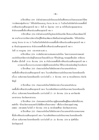 - 36 –
2) ปีการศึกษา 2555 นําตัวอย่างผลงานนักเรียนและนักเรียนฝึกสอนงานใบตองและดอกไม้สด
“การจัดพานพุ่มสักการะ” ให้กับนักเรียนและครู จํานวน 90 คน 15 โรงเรียนในสังกัดสํานักงานเขตพืนที
การศึกษาประถมศึกษาอุดรธานี เขต 4 วันที 20 มิถุนายน 2555 ณ หน้าห้องประชุมเมตตาธรรม
สํานักงานเขตพืนทีการศึกษาประถมศึกษาอุดรธานี เขต 4
3) ปีการศึกษา 2554 นําตัวอย่างงานสําเร็จรูปและนักเรียนสาธิต ฝึกสนงานร้อยมาลัยดอกไม้
สด ตามโครงการสาธิตการจัดการเรียนรู้ฝึกทักษะพัฒนาอาชีพน้อมนําเศรษฐกิจพอเพียง ให้กับนักเรียน
และครู จํานวน 85 คน 15 โรงเรียนในสังกัดสํานักงานเขตพืนทีการศึกษาประถมศึกษาอุดรธานี เขต 4
ณ ห้องประชุมเมตตาธรรม สํานักงานเขตพืนทีการศึกษาประถมศึกษาอุดรธานี เขต 4
วันที 14 กรกฎาคม 2554 เวลา 09.00-16.00 น.
4) ปีการศึกษา 2554 การจัดนิทรรศการแสดงผลงานนักเรียน โดยการแจกเอกสารเผยแพร่
และนักเรียนสาธิตการประดิษฐ์ใบตองและร้อยมาลัยในงาน “ปีใหม่ทําบุญ ขอบคุณเพือนมิตร สาธิตงาน
ช้างเผือก เมือวันที 15-16 ธันวาคม 2554 ณ สํานักงานเขตพืนทีการศึกษาประถมศึกษาอุดรธานี เขต 4
4.2 ผลงาน/ชินงาน/ภาระงาน/ผลการปฏิบัติงานของนักเรียน ได้รับรางวัล/ยกย่องเชิดชู ในระดับภาค
1) ปีการศึกษา 2555 นําผลงานนักเรียนไปจัดนิทรรศการในนามของสํานักงาน
เขตพืนทีการศึกษาประถมศึกษาอุดรธานี เขต 4 ในงานศิลปหัตถกรรมนักเรียนภาคตะวันออกเฉียงเหนือ
ครัง 62 ระดับภาคตะวันออกเฉียงเหนือ ระหว่างวันที 6 – 9 ธันวาคม 2555 ณ สนามกีฬากลาง จังหวัด
ชัยภูมิ
2) ปีการศึกษา 2554 นําผลงานนักเรียนไปจัดนิทรรศการในนามของสํานักงาน
เขตพืนทีการศึกษาประถมศึกษาอุดรธานี เขต 4 ในงานศิลปหัตถกรรมนักเรียนภาคตะวันออกเฉียงเหนือ
ครัง 61 ระดับภาคตะวันออกเฉียงเหนือ ระหว่างวันที 27 – 29 ธันวาคม 2554 ณ มหาวิทยาลัย
มหาสารคาม จังหวัดมหาสารคาม
3) ปีการศึกษา 2554 นําเสนอผลงานนักเรียน ครูผู้สอนยอดเยียมผู้มีผลงานดีเด่นทีประสบ
ผลสําเร็จ “ด้านนวัตกรรมและเทคโนโลยีเพือการเรียนการสอน” เพือรับรางวัลทรงคุณค่า สพฐ.
(OBEC AWARDS) ในวันที 27 ธันวาคม 2554 ณ สถาบันพลศึกษา จังหวัดมหาสารคาม
4) ปีการศึกษา 2553 นําผลงานนักเรียนไปจัดนิทรรศการในนามของสํานักงานเขตงานเขต
พืนทีการศึกษาประถมศึกษาอุดรธานี เขต 4 ในงานศิลปหัตถกรรมนักเรียนภาคตะวันออกเฉียงเหนือ
ครัง 60 ระดับภาคตะวันออกเฉียงเหนือ ระหว่างวันที 24 – 26 ธันวาคม 2554 ณ ทุ่งศรีเมือง
จังหวัดอุดรธานี
 