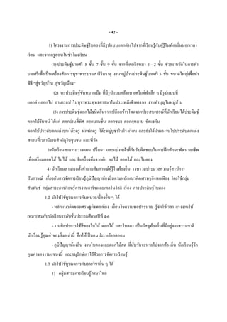 - 42 –
1) โครงงานการประดิษฐ์ใบตองทีมีรูปแบบแตกต่างไปจากทีเรียนรู้กับผู้รู้ในท้องถินนอกเวลา
เรียน และจากครูสอนในชัวโมงเรียน
(1) ประดิษฐ์บายศรี 5 ชัน 7 ชัน 9 ชัน จากทีเคยเรียนมา 1 – 2 ชัน ช่วยงานวัดในการทํา
บายศรีเพือเป็นเครืองสักการบูชาพระบรมสารีริกธาตุ งานหมู่บ้านประดิษฐ์บายศรี 5 ชัน ขนาดใหญ่เพือทํา
พิธี “สู่ขวัญบ้าน สู่ขวัญเมือง”
(2) การประดิษฐ์ขันหมากเบ็ง ทีมีรูปแบบคล้ายบายศรีแต่ทําเล็ก ๆ มีรูปแบบที
แตกต่างออกไป สามารถนําไปบูชาพระพุทธศาสนาในประเพณีเข้าพรรษา งานทําบุญในหมู่บ้าน
(3) การประดิษฐ์ดอกไม้ชนิดอืนจากเปลือกข้าวโพดจากประสบการณ์ทีนักเรียนได้ประดิษฐ์
ดอกไม้จันทน์ ได้แก่ ดอกว่านสีทิศ ดอกบานชืน ดอกชบา ดอกกุหลาบ จัดแจกัน
ดอกไม้ประดับตกแต่งบนโต๊ะครู หักพักครู โต๊ะหมู่บูชาในโรงเรียน และยังได้นําผลงานไปประดับตกแต่ง
สถานทีเวลามีงานสําคัญในชุมชน และทีวัด
3)นักเรียนสามารถวางแผน ปรึกษา และแบ่งหน้าทีกันรับผิดชอบในการฝึกทักษะพัฒนาอาชีพ
เพือเตรียมดอกไม้ ใบไม้ และทําเครืองดืมจากผัก ผลไม้ ดอกไม้ และใบตอง
4) นักเรียนสามารถตังคําถามสัมภาษณ์ผู้รู้ในท้องถิน รวบรวมประมวลความรู้สรุปการ
สัมภาษณ์ เกียวกับการจัดการเรียนรู้ภูมิปัญญาท้องถินตามหลักแนวคิดเศรษฐกิจพอเพียง โดยใช้กลุ่ม
สัมพันธ์ กลุ่มสาระการเรียนรู้การงานอาชีพและเทคโนโลยี เรือง การประดิษฐ์ใบตอง
1.2 นําไปใช้บูรณาการกับหน่วย/เรืองอืน ๆ ได้
- หลักแนวคิดของเศรษฐกิจพอเพียง เงือนไขความพอประมาณ รู้จักใช้เวลา แรงงานให้
เหมาะสมกับนักเรียนระดับชันประถมศึกษาปีที 4-6
- งานศิลปะการใช้สีของใบไม้ ดอกไม้ และใบตอง เป็นวัสดุท้องถินทีมีอยู่ตามธรรมชาติ
นักเรียนรู้คุณค่าของสิงเหล่านี ฝึกให้เป็นคนประหยัดอดออม
- ภูมิปัญญาท้องถิน งานใบตองและดอกไม้สด ทีนับวันจะหายไปจากท้องถิน นักเรียนรู้จัก
คุณค่าของงานแขนงนี และอนุรักษ์เอาไว้ด้วยการจัดการเรียนรู้
1.3 นําไปใช้บูรณาการกับรายวิชาอืน ๆ ได้
1) กลุ่มสาระการเรียนรู้ภาษาไทย
 