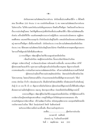 - 50 –
นักเรียนขาดความรับผิดชอบในการทํางาน นักเรียนชันประถมศึกษาปีที 4 – 6 ทีข้าพเจ้า
สอน ปีการศึกษา 2555 จํานวน 15 คน จากนักเรียนทังหมด 72 คน ขาดความรับผิดชอบในการทํางาน
ไม่ส่งการบ้าน ไม่ให้ความสนใจกับงานกับทีครูมอบหมาย ข้าพเจ้าแก้ไขปัญหา โดยเรียนสร้างนวัตกรรม
เรือง การประดิษฐ์ใบตอง โดยให้ดูเพือนและรุ่นพีนักเรียนชันประถมศึกษาปีที 6 ทีมีความรับผิดชอบเป็น
ตัวอย่าง เครืองมือทีใช้ คือ แบบสังเกตพฤติกรรมระหว่างปฏิบัติงาน และแบบประเมินผลงาน ครูผู้สอน
คอยฝึกสอน และคอยให้คะแนนทุกวัน ถ้านักเรียนประดิษฐ์ไม่เสร็จ แสดงนักเรียนยังขาดความรับผิดชอบ
อยู่ ผลการแก้ไขปัญหา เมือสินภาคเรียนที 1 นักเรียนจํานวน 15 คน มีความรับผิดชอบยังเหลือนักเรียน
จํานวน 3 คน ทียังขาดความรับผิดชอบไม่ประดิษฐ์ใบตองไม่สวย ข้าพเจ้าต้องหาสาเหตุของปัญหาและหา
วิธการแก้ไขปัญหาต่อไปอีกซึงต้องอาศัยเวลา
2.3 การแก้ปัญหา / พัฒนาผู้เรียนโดยใช้ระบบดูแลช่วยเหลือนักเรียน
- เยียมบ้านนักเรียน พบผู้ปกครองนักเรียน ชีแจงระเบียบวินัยของโรงเรียน
หลักสูตร กรจัดการเรียนรู้ การวัดและประเมินผล หลักเกณฑ์ การเลือนชัน และจบการศึกษา ทําให้
ผู้ปกครองพอใจและเข้าใจ ครูทราบความเป็นอยู่ทางบ้านนักเรียนเป็นรายบุคคล ปัญหาการเรียนช้า
การสอนซ่อมเสริม การส่งเสริมความสามารถพิเศษของนักเรียน สร้างความสัมพันธ์และความเข้าใจกันดี
- ผู้ปกครองร่วมมือแก้ไขความประพฤติของนักเรียน ติดตามนักเรียนทีขาดเรียนโดย
ไม่ทราบสาเหตุ โดยตามไปสอบถามทีบ้าน ส่วนมากจะพบนักเรียนทีมีปัญหาทางครอบครัว ได้แก่
ยากจน ลักขโมย ก้าวร้าว พ่อแม่ทะเลาะกัน เป็นเด็กกําพร้าพ่อแม่เสียชีวิต หรือพ่อแม่หย่าร้างกันต้องอยู่
กับปู่ ย่า ตา ยาย ป้ า น้า อา ปัญหาการเจ็บป่วยไม่สบาย ผู้สอนช่วยแก้ปัญหาเหล่านันได้ด้วยดีบางปัญหา
ต้องขอความร่วมมือกับผู้ปกครอง คณะครู จัดหาทุนการศึกษา ช่วยเหลือนักเรียนทีมีปัญหาเหล่านี
จากการแก้ปัญหา / พัฒนาผู้เรียนโดยใช้ระบบดูแลช่วยเหลือนักเรียน ทําให้ผู้ปกครองเข้าใจ
การจัดการเรียนรู้ของหลักสูตรสถานศึกษา ภาคภูมิใจทีครูเอาใจใส่ต่อบุตรหลานของตนเอง เห็น
ความสําคัญของการจัดการศึกษา เข้าร่วมพัฒนาโรงเรียน สนับสนุนอุทิศแรงกาย และทุนทรัพย์ช่วยเหลือ
งานกิจการของโรงเรียน ได้แก่ วันแม่แห่งชาติ กีฬาสี วันเด็กแห่งชาติ
ขอรับรองว่าข้อความทีกล่าวมาเบืองต้น เป็นความจริงทุกประการ
(ลงชือ).........................................ผู้ขอรับการประเมิน
(นางเยาวดี วงษ์สันต์)
ตําแหน่ง ครู โรงเรียนบ้านสามัคคี
วันที 1 พฤศจิกายน พ.ศ. 2555
 