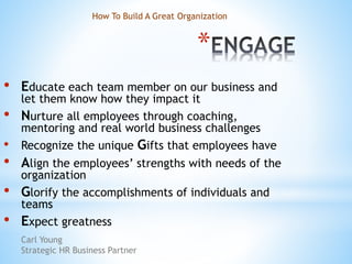 *
• Educate each team member on our business and
let them know how they impact it
• Nurture all employees through coaching,
mentoring and real world business challenges
• Recognize the unique Gifts that employees have
• Align the employees’ strengths with needs of the
organization
• Glorify the accomplishments of individuals and
teams
• Expect greatness
How To Build A Great Organization
Carl Young
Strategic HR Business Partner
 