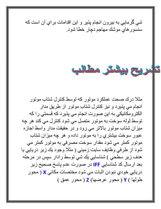 ‫كه‬ ‫است‬ ‫آن‬ ‫براي‬ ‫اقدامات‬ ‫اين‬ ‫و‬ ‫پذير‬ ‫انجام‬ ‫بيرون‬ ‫به‬ ‫گرمايي‬ ‫شي‬
.‫شود‬ ‫خطا‬ ‫دچار‬ ‫مهاجم‬ ‫موشك‬ ‫سنسورهاي‬
‫موتور‬ ‫شتاب‬ ‫كنترل‬ ‫توسط‬ ‫كه‬ ‫موتور‬ ‫عملكرد‬ ‫صحت‬ ‫درك‬ ‫مثال‬
‫مدار‬ ‫طريق‬ ‫از‬ ‫موتور‬ ‫شتاب‬ ‫كنترل‬ ‫نيز‬ ‫و‬ ‫پذيرد‬ ‫مي‬ ‫انجام‬
‫كه‬ ‫را‬ ‫قسمتي‬ ‫كه‬ ‫پذيرد‬ ‫مي‬ ‫انجام‬ ‫صورت‬ ‫اين‬ ‫به‬ ‫الكترومكانيكي‬
‫چه‬ ‫هر‬ ‫كند‬ ‫مي‬ ‫كنترل‬ ‫شود‬ ‫مي‬ ‫متصل‬ ‫موتور‬ ‫به‬ ‫سوخت‬ ‫لوله‬ ‫توسط‬
‫م‬ ‫حقيقت‬ ‫در‬ ‫و‬ ‫رود‬ ‫مي‬ ‫باالتر‬ ‫موتور‬ ‫شتاب‬ ‫ميزان‬‫اجازه‬ ‫واسط‬ ‫دار‬
‫شتاب‬ ‫ميزان‬ ‫چه‬ ‫هر‬ ‫و‬ ‫داده‬ ‫موتور‬ ‫به‬ ‫را‬ ‫بيشتري‬ ‫سوخت‬ ‫عبور‬
‫مي‬ ‫كمتر‬ ‫موتور‬ ‫به‬ ‫مصرفي‬ ‫سوخت‬ ‫مقدار‬ ‫شود‬ ‫مي‬ ‫كمتر‬ ‫موتور‬
‫يا‬ ‫دريايي‬ ‫زير‬ ‫يك‬ ‫وجود‬ ‫مثال‬ ( ‫زميني‬ ‫سايت‬ ‫وظايف‬ ‫طرفي‬ ‫از‬ ‫شود‬
‫مرحله‬ ‫در‬ ‫سپس‬ ‫رادار‬ ‫توسط‬ ‫شي‬ ‫يك‬ ‫شناسايي‬ ) ‫سطحي‬ ‫زير‬ ‫هدف‬
‫شناسايي‬ ‫كد‬ ‫ارسال‬ ‫بعد‬IFF‫زير‬ ‫صحيح‬ ‫پاسخ‬ ‫عدم‬ ‫صورت‬ ‫در‬
‫مكاني‬ ‫مختصات‬ ‫شود‬ ‫مي‬ ‫اثبات‬ ‫نبودن‬ ‫خودي‬ ‫دريايي‬X‫محور‬ (
) ‫طولها‬Y)‫عرضها‬ ‫محور‬ (Z) ‫عمق‬ ‫محور‬ (
 