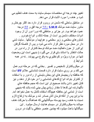 ‫مي‬ ‫تنظيم‬ ‫هدف‬ ‫سمت‬ ‫به‬ ‫سايت‬ ‫سيستم‬ ‫مختصات‬ ‫اي‬ ‫درجه‬ ‫چند‬ ‫تغيير‬
‫شود‬.‫دهد‬ ‫مي‬ ‫قرار‬ ‫اثابت‬ ‫مورد‬ ‫را‬ ‫هدف‬ ‫و‬
‫چ‬ ‫اكثر‬ ‫حد‬ ‫دارد‬ ‫قرار‬ ‫روبرو‬ ‫در‬ ‫دشمن‬ ‫كه‬ ‫ساحلي‬ ‫مناطق‬ ‫در‬‫و‬ ‫رخش‬
‫موشك‬ ‫ضد‬ ‫سايت‬ ‫مانور‬S.M.R180‫و‬ ‫افق‬ ‫درجه‬88‫درجه‬
‫دورا‬ ‫كه‬ ‫مناطقي‬ ‫و‬ ‫جزاير‬ ‫در‬ .‫بود‬ ‫خواهد‬ ‫عمود‬‫وجود‬ ‫از‬ ‫آن‬ ‫دور‬
. ‫خودرو‬ ‫انواع‬ ‫و‬ ‫تانك‬ ‫جمله‬ ‫از‬ ‫است‬ ‫پر‬ ‫دشمن‬ ‫مختلف‬ ‫ادوات‬
‫شني‬ ‫سايت‬ . ‫موشكها‬ ‫و‬ ‫هواپيما‬ ‫و‬ ‫سطحي‬ ‫زير‬ ‫و‬ ‫سطحي‬ ‫شناورهاي‬
‫شود‬ ‫مي‬ ‫داده‬ ‫قرار‬ ‫نظر‬ ‫مورد‬ ‫محل‬ ‫در‬ ‫دار‬‫گرفتن‬ ‫فاصله‬ ‫از‬ ‫پس‬ ‫و‬
‫در‬ ‫دور‬ ‫راه‬ ‫از‬ ‫كنترلر‬ ‫توسط‬ ‫موشك‬ ‫ضد‬ ‫فعاليت‬ ‫حوزه‬ ‫از‬ ‫اپراتور‬
‫وضعيت‬ ‫اين‬ ‫است‬ ‫بديهي‬ ( ‫گيرد‬ ‫مي‬ ‫قرار‬ ‫باي‬ ‫استاند‬ ‫يا‬ ‫انتظار‬ ‫حالت‬
‫همه‬ ‫در‬ ‫نه‬ . ‫پيوندد‬ ‫مي‬ ‫وقوع‬ ‫به‬ ‫نظيري‬ ‫كم‬ ‫و‬ ‫ويژه‬ ‫موارد‬ ‫در‬ ‫تنها‬
.) ‫شرايط‬
‫د‬ ‫مرحله‬ ‫در‬ ‫كه‬ ‫بخشي‬ . ‫تفسير‬ ‫و‬ ‫تشخيص‬ ‫ميكروكنترلر‬ ‫در‬‫ع‬ ‫وم‬‫مل‬
‫عالئم‬ ‫شناسايي‬ ‫قسمت‬ ‫دارد‬ ‫قرار‬ ‫سايت‬ ‫روي‬ ‫بر‬ ‫و‬ ‫كند‬ ‫مي‬IFF‫است‬
‫استفاده‬ ‫با‬ ‫و‬ ‫دور‬ ‫راه‬ ‫از‬ ‫بايستي‬ ‫بخش‬ ‫اين‬ ‫ريجيسترهاي‬ ‫يا‬ ‫حافظه‬ ‫كه‬
‫نيز‬ ‫و‬ ‫دهند‬ ‫قرار‬ ‫خود‬ ‫در‬ ‫را‬ ‫شناسايي‬ ‫كدهاي‬ ‫انواع‬ ‫بتواند‬ ‫كنترلر‬ ‫از‬
‫هاي‬ ‫حافظه‬ ‫حجم‬ ‫كه‬ ‫است‬ ‫اين‬ ‫تر‬ ‫صحيح‬ ‫باشند‬ ‫دادن‬ ‫تغيير‬ ‫قابل‬
‫ا‬ ‫نگهدارنده‬‫بديهي‬ ‫كه‬ ‫باشد‬ ‫شده‬ ‫بيني‬ ‫پيش‬ ‫زيادي‬ ‫مقدار‬ ‫تا‬ ‫كدها‬ ‫ين‬
.‫آمد‬ ‫نخواهد‬ ‫عمل‬ ‫به‬ ‫كامل‬ ‫استفاده‬ ‫هيچگاه‬ ‫حافظه‬ ‫اين‬ ‫تمامي‬ ‫از‬ ‫است‬
‫الزم‬ ‫ارتفاع‬ ‫به‬ ‫موشك‬ ‫و‬ ‫شد‬ ‫صادر‬ ‫آتش‬ ‫فرمان‬ ‫آنكه‬ ‫از‬ ‫پس‬ ‫براين‬ ‫بنا‬
‫هدف‬ ‫حركت‬ ‫با‬ ‫هماهنگ‬ ‫كه‬ ‫سيگنالهايي‬ ‫پيوسته‬ ‫رسيد‬ ‫هدف‬ ‫به‬ ‫نسبت‬
‫س‬ ‫در‬ ‫ميكروكنترلر‬ ‫به‬ ‫ميباشد‬‫اين‬ . ‫ميشود‬ ‫ارسال‬ ‫هدايت‬ ‫يستم‬
‫درون‬ ‫در‬ ‫گيت‬ ‫يا‬ ‫منطقي‬ ‫عنصر‬ ‫چندين‬ ‫كه‬ ‫ميشود‬ ‫باعث‬ ‫سيگنالها‬
 