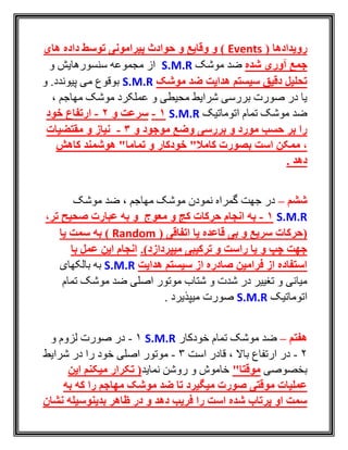 ( ‫رویدادها‬Events‫های‬ ‫داده‬ ‫توسط‬ ‫پیرامونی‬ ‫حوادث‬ ‫و‬ ‫وقایع‬ ‫و‬ )
‫شده‬ ‫آوری‬ ‫جمع‬‫موشک‬ ‫ضد‬S.M.R‫و‬ ‫سنسورهايش‬ ‫مجموعه‬ ‫از‬
‫موشک‬ ‫ضد‬ ‫هدایت‬ ‫سیستم‬ ‫دقیق‬ ‫تحلیل‬S.M.R‫و‬ .‫پيوندد‬ ‫می‬ ‫بوقوع‬
، ‫مهاجم‬ ‫موشک‬ ‫عملکرد‬ ‫و‬ ‫محيطی‬ ‫شرايط‬ ‫بررسی‬ ‫صورت‬ ‫در‬ ‫يا‬
‫اتوماتيک‬ ‫تمام‬ ‫موشک‬ ‫ضد‬S.M.R1-‫و‬ ‫سرعت‬2-‫خود‬ ‫ارتفاع‬
‫و‬ ‫موجود‬ ‫وضع‬ ‫بررسی‬ ‫و‬ ‫مورد‬ ‫حسب‬ ‫بر‬ ‫را‬3-‫مقتضیات‬ ‫و‬ ‫نیاز‬
‫است‬ ‫ممکن‬ ،‫هوشمند‬ "‫تماما‬ ‫و‬ ‫خودکار‬ "‫کامال‬ ‫بصورت‬‫کاهش‬
. ‫دهد‬
‫ششم‬–‫موشک‬ ‫ضد‬ ، ‫مهاجم‬ ‫موشک‬ ‫نمودن‬ ‫گمراه‬ ‫جهت‬ ‫در‬
S.M.R1-‫معوج‬ ‫و‬ ‫کج‬ ‫حرکات‬ ‫انجام‬ ‫به‬‫و‬،‫تر‬ ‫صحیح‬ ‫عبارت‬ ‫به‬
(( ‫اتفاقی‬ ‫یا‬ ‫قاعده‬ ‫بی‬ ‫و‬ ‫سریع‬ ‫حرکات‬Random‫یا‬ ‫سمت‬ ‫به‬ )
‫میپردازد‬ ‫ترکیبی‬ ‫و‬ ‫راست‬ ‫یا‬ ‫و‬ ‫چپ‬ ‫جهت‬).‫با‬ ‫عمل‬ ‫این‬ ‫انجام‬
‫هدایت‬ ‫سیستم‬ ‫از‬ ‫صادره‬ ‫فرامین‬ ‫از‬ ‫استفاده‬S.M.R‫بالکهای‬ ‫به‬
‫تمام‬ ‫موشک‬ ‫ضد‬ ‫اصلی‬ ‫موتور‬ ‫شتاب‬ ‫و‬ ‫شدت‬ ‫در‬ ‫تغيير‬ ‫و‬ ‫ميانی‬
‫اتوماتيک‬S.M.R. ‫ميپذيرد‬ ‫صورت‬
‫هفتم‬–‫خودکار‬ ‫تمام‬ ‫موشک‬ ‫ضد‬S.M.R1-‫و‬ ‫لزوم‬ ‫صورت‬ ‫در‬
2-‫است‬ ‫قادر‬ ، ‫باال‬ ‫ارتفاع‬ ‫در‬3-‫شرايط‬ ‫در‬ ‫را‬ ‫خود‬ ‫اصلی‬ ‫موتور‬
‫بخصوصی‬"‫موقتا‬‫نمايد‬ ‫روشن‬ ‫و‬ ‫خاموش‬‫این‬ ‫میکنم‬ ‫تکرار‬ (
‫به‬ ‫که‬ ‫را‬ ‫مهاجم‬ ‫موشک‬ ‫ضد‬ ‫تا‬ ‫میگیرد‬ ‫صورت‬ ‫موقتی‬ ‫عملیات‬
‫نشان‬ ‫بدینوسیله‬ ‫ظاهر‬ ‫در‬ ‫و‬ ‫دهد‬ ‫فریب‬ ‫را‬ ‫است‬ ‫شده‬ ‫پرتاب‬ ‫او‬ ‫سمت‬
 