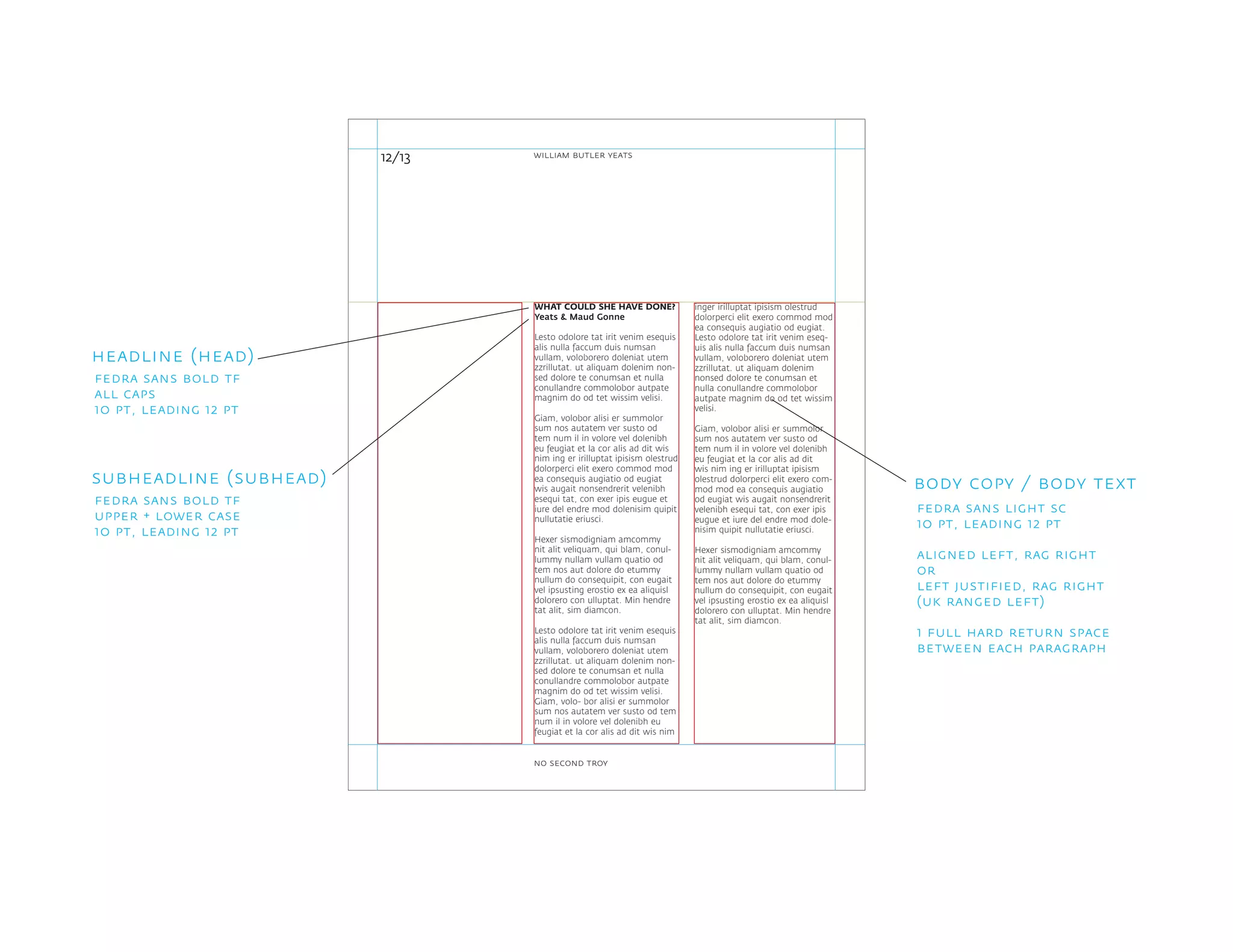 inger irilluptat ipisism olestrud
dolorperci elit exero commod mod
ea consequis augiatio od eugiat.
Lesto odolore tat irit venim eseq-
uis alis nulla faccum duis numsan
vullam, voloborero doleniat utem
zzrillutat. ut aliquam dolenim
nonsed dolore te conumsan et
nulla conullandre commolobor
autpate magnim do od tet wissim
velisi.
Giam, volobor alisi er summolor
sum nos autatem ver susto od
tem num il in volore vel dolenibh
eu feugiat et la cor alis ad dit
wis nim ing er irilluptat ipisism
olestrud dolorperci elit exero com-
mod mod ea consequis augiatio
od eugiat wis augait nonsendrerit
velenibh esequi tat, con exer ipis
eugue et iure del endre mod dole-
nisim quipit nullutatie eriusci.
Hexer sismodigniam amcommy
nit alit veliquam, qui blam, conul-
lummy nullam vullam quatio od
tem nos aut dolore do etummy
nullum do consequipit, con eugait
vel ipsusting erostio ex ea aliquisl
dolorero con ulluptat. Min hendre
tat alit, sim diamcon.
WHAT COULD SHE HAVE DONE?
Yeats & Maud Gonne
Lesto odolore tat irit venim esequis
alis nulla faccum duis numsan
vullam, voloborero doleniat utem
zzrillutat. ut aliquam dolenim non-
sed dolore te conumsan et nulla
conullandre commolobor autpate
magnim do od tet wissim velisi.
Giam, volobor alisi er summolor
sum nos autatem ver susto od
tem num il in volore vel dolenibh
eu feugiat et la cor alis ad dit wis
nim ing er irilluptat ipisism olestrud
dolorperci elit exero commod mod
ea consequis augiatio od eugiat
wis augait nonsendrerit velenibh
esequi tat, con exer ipis eugue et
iure del endre mod dolenisim quipit
nullutatie eriusci.
Hexer sismodigniam amcommy
nit alit veliquam, qui blam, conul-
lummy nullam vullam quatio od
tem nos aut dolore do etummy
nullum do consequipit, con eugait
vel ipsusting erostio ex ea aliquisl
dolorero con ulluptat. Min hendre
tat alit, sim diamcon.
Lesto odolore tat irit venim esequis
alis nulla faccum duis numsan
vullam, voloborero doleniat utem
zzrillutat. ut aliquam dolenim non-
sed dolore te conumsan et nulla
conullandre commolobor autpate
magnim do od tet wissim velisi.
Giam, volo- bor alisi er summolor
sum nos autatem ver susto od tem
num il in volore vel dolenibh eu
feugiat et la cor alis ad dit wis nim
12/13
body copy / body text
headline (head)
subheadline (subhead)
fedra sans light sc
10 pt, leading 12 pt
aligned left, rag right
or
left justified, rag right
(uk ranged left)
1 full hard return space
between each paragraph
fedra sans bold tf
all caps
10 pt, leading 12 pt
fedra sans bold tf
upper + lower case
10 pt, leading 12 pt
william butler yeats
no second troy
 