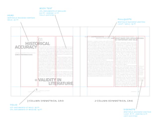 1
“Fuller Image”
The Iranian,
Iranian.com,
March 1st 2007.
<http://www.
iranian.com/
Books/2003/
September/
Persepolis/>
innocence, curiosity, honesty, and a self-awareness
that is undeniably human and real. Marji provides
insight through her untainted quest for knowledge
and understanding. We see an ordinary family expe-
rience a revolution, regime change, and propaganda.
We see the defeat of the Shah regime and the victory
of the Islamic Revolution, both carrying devastating
acts and results of war. Through Marji’s learning, we
are exposed to the history of Iran as well as her fam-
ily. With all that said, is it enough to accept the infor-
mation we are given without question? Is the historic
information told through graphics and text factual or
accurate? How valid is Marji’s perspective and telling
of life through the Islamic Revolution?
The unique perspective given in Persepolis must
be considered when estimating the validity of its tale.
Remember that Marji is telling the story, that she is a
young girl, innocent and curious. Her reflections are
personal. Not everyone in Iran felt the same or had
the same experiences. Feelings and experiences are
relative. It is her reflection of specific events that are
mostatriskoferroranddiscrepancies.However,con-
sider again that the graphic novel is autobiographical,
which means we are receiving true, real-life informa-
tion. Information filled with personal experience.
THE QUESTION OF ACCURACY IN ALL WRITING is one that
is weighed with great importance. Freedom of speech and the ability
to voice one’s opinion is an important element of our society. It al-
lows for anyone, despite their knowledge, education, expertise, or lack
there-of, to make their ideas accessible to the world. However, one
must consider the possibility of things being lost in translation or lost
in a broken telephone type of situation.
It is not realistic to assume that just because something is published,
it is the truth. We must ask questions. In historic literature, we must
acknowledge the possibility of biases, misinterpretations, and even
missing information, all of which contribute to the degree of accuracy
in a writing. It is only then, after much consideration, that we are able
to determine the validity of the piece. Any discrepancies in informa-
tion are to be recognized as untrue, in order to avoid misleading or cor-
rupt ideas. In historical works such as Marjane Satrapi’s Persepolis and
FranciscoGoya’sTheDisastersofWar,ishistoricalaccuracyessentialto
the validity of the works?
Marjane Satrapi tells a story of what it’s like growing up in Iran
during the Islamic Revolution. Persepolis is very much an autobiog-
raphy, telling of the realities of Satrapi’s childhood. The book is writ-
ten from the perspective of a ten-year-old girl, Marji, who delivers
EMILY PENNACCHIO
GEORGE A. REID AWARD 2006/07 (100 LEVEL)
HISTORICAL
ACCURACY
+ VALIDITY IN
LITERATURE
Marji’s experiences during pre-revolu-
tion and post-revolution Iran are what make
her observations so important and valid.
She portrays the confusion, obstacles, and
frequent contradictions that she worked
through every day. Marji humanizes our
perception of Iranians, pointing out that not
all of Iran supports the Islamic fundamen-
talists. “Just like in Canada, or anywhere
else, you have people who are very reli-
gious, people who aren’t, people who drink,
people who don’t, hypocrites, intellectuals,
leftists, conservatives and so on. In fact, the
personalities in Persepolis are very open,
very intellectual and are not in agreement
with the Islamic regime.”1
Historicalaccuracycanagainbeexamined
through events and groups. Marji’s reflec-
tion of Black Friday and The Committee are
innocent reflections that offer insight into
contradictions, fear, confusion, etc. Satrapi’s
reiteration of her protest on Black Friday
presents a simplified and innocent descrip-
tion of what went on. She says, “We had
demonstrated on the very day we shouldn’t
have: on Black Friday. That day there were
so many killed in one of the neighbour-
hoods that a rumour was spread that Israeli
soldiers were responsible for the slaughter.
But in fact it was really our own who had at-
tacked us.”2
Also, after being confronted by
MARJI’S EXPERIENCES DURING PRE-REVOLUTION AND POST-
REVOLUTION IRAN ARE WHAT MAKE HER OBSERVATIONS
SO IMPORTANT AND VALID.
2
Marjane Satrapi,
Persepolis, (New
York: Pantheon
2003) 38–39
01
HISTORICAL ACCURACY
+ VALIDITY IN LITERATURE LINE BREAK
8 9
2-column asymmetrical grid3-column symmetrical grid
body text
pullquote
dtl documenta st regular
9.5 pt, leading 12 pt
fully justified
berthold akzidenz grotesk
light + bold, 14 pt
head
sidenote
berthold akzidenz grotesk
bold, 36 pt
berthold akzidenz grotesk
light, 8 pt, leading 9 pt
left justified
folio
dtl documenta st bold, 24 pt
dtl documenta st medium, 14 pt
 