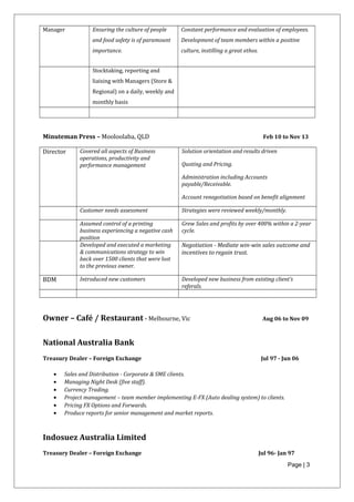 Manager Ensuring the culture of people
and food safety is of paramount
importance.
Constant performance and evaluation of employees.
Development of team members within a positive
culture, instilling a great ethos.
Stocktaking, reporting and
liaising with Managers (Store &
Regional) on a daily, weekly and
monthly basis
Minuteman Press – Mooloolaba, QLD Feb 10 to Nov 13
Director Covered all aspects of Business
operations, productivity and
performance management
Solution orientation and results driven
Quoting and Pricing.
Administration including Accounts
payable/Receivable.
Account renegotiation based on benefit alignment
Customer needs assessment Strategies were reviewed weekly/monthly.
Assumed control of a printing
business experiencing a negative cash
position
Grew Sales and profits by over 400% within a 2-year
cycle.
Developed and executed a marketing
& communications strategy to win
back over 1500 clients that were lost
to the previous owner.
Negotiation - Mediate win-win sales outcome and
incentives to regain trust.
BDM Introduced new customers Developed new business from existing client’s
referals.
Owner – Café / Restaurant - Melbourne, Vic Aug 06 to Nov 09
National Australia Bank
Treasury Dealer – Foreign Exchange Jul 97 - Jun 06
• Sales and Distribution - Corporate & SME clients.
• Managing Night Desk (five staff).
• Currency Trading.
• Project management – team member implementing E-FX (Auto dealing system) to clients.
• Pricing FX Options and Forwards.
• Produce reports for senior management and market reports.
Indosuez Australia Limited
Treasury Dealer – Foreign Exchange Jul 96- Jan 97
Page | 3
 