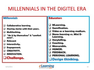 MILLENNIALS IN THE DIGITEL ERA
Millennials
 Collaborative learning.
 Sharing stories with their peers.
 Multitasking.
 “do it by themselves” & “comfort
zone”.
 Relevant
 Interactivity.
 Engagement.
 CREATIVITY.
 INNOVATION.
Challenge.
9/25/2015 14
Educators
 MLearning.
 Gamification.
 Video as a learning medium.
 Nano-learning vs. Mini E-
Learning.
 Storytelling.
 Coaching.
 Measurable.
 HUMOR.
 FEEDBACK.
 PERSONAL LEARNING.
Design thinking.
 
