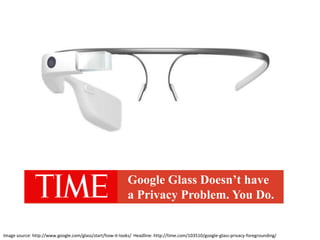 Image source: http://www.google.com/glass/start/how-it-looks/ Headline: http://time.com/103510/google-glass-privacy-foregr...