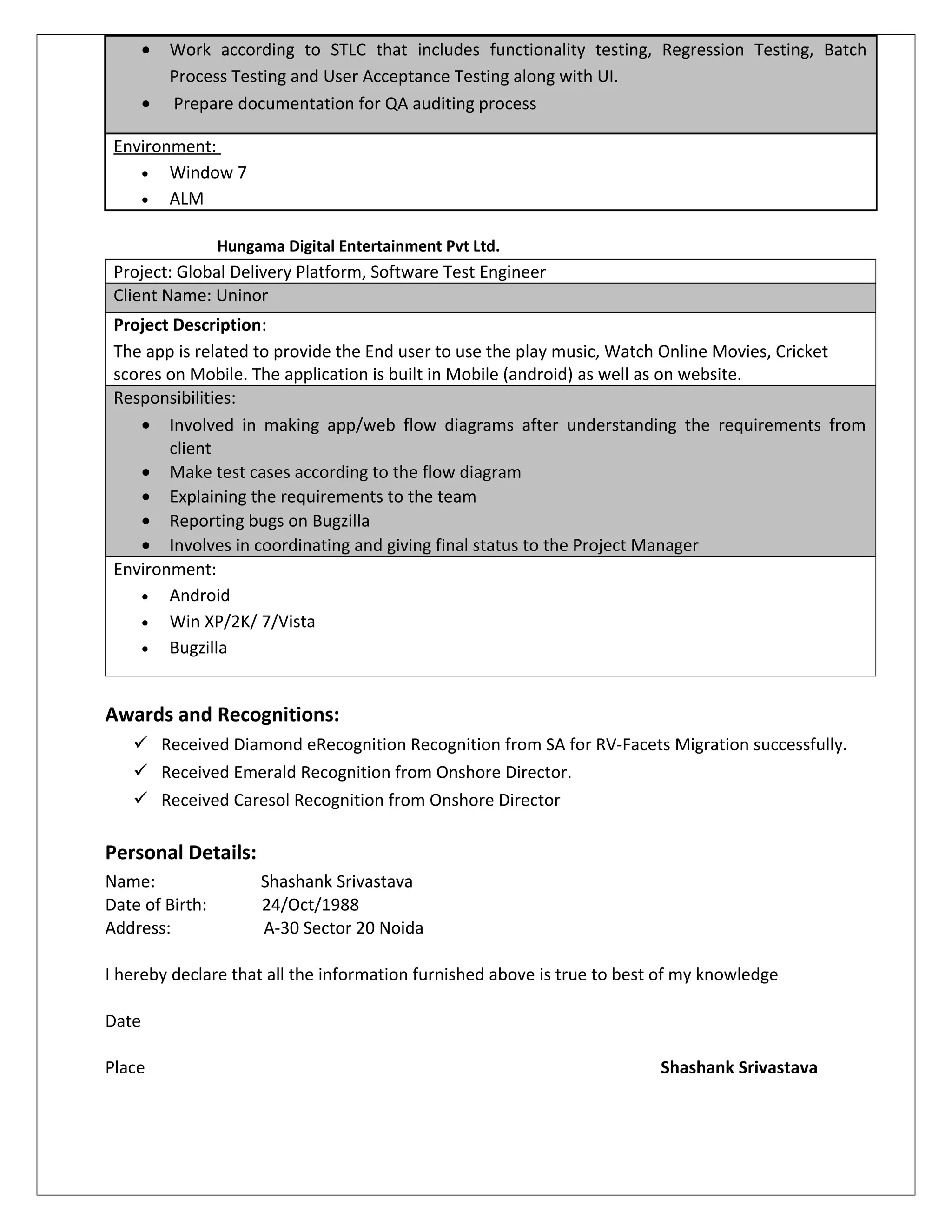 • Work according to STLC that includes functionality testing, Regression Testing, Batch
Process Testing and User Acceptance Testing along with UI.
• Prepare documentation for QA auditing process
Environment:
• Window 7
• ALM
Hungama Digital Entertainment Pvt Ltd.
Project: Global Delivery Platform, Software Test Engineer
Client Name: Uninor
Project Description:
The app is related to provide the End user to use the play music, Watch Online Movies, Cricket
scores on Mobile. The application is built in Mobile (android) as well as on website.
Responsibilities:
• Involved in making app/web flow diagrams after understanding the requirements from
client
• Make test cases according to the flow diagram
• Explaining the requirements to the team
• Reporting bugs on Bugzilla
• Involves in coordinating and giving final status to the Project Manager
Environment:
• Android
• Win XP/2K/ 7/Vista
• Bugzilla
Awards and Recognitions:
 Received Diamond eRecognition Recognition from SA for RV-Facets Migration successfully.
 Received Emerald Recognition from Onshore Director.
 Received Caresol Recognition from Onshore Director
Personal Details:
Name: Shashank Srivastava
Date of Birth: 24/Oct/1988
Address: A-30 Sector 20 Noida
I hereby declare that all the information furnished above is true to best of my knowledge
Date
Place Shashank Srivastava
 