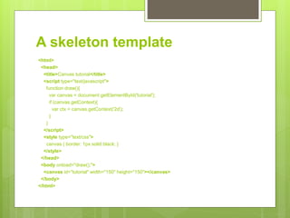 A skeleton template
<html>
<head>
<title>Canvas tutorial</title>
<script type="text/javascript">
function draw(){
var canvas = document.getElementById('tutorial');
if (canvas.getContext){
var ctx = canvas.getContext('2d');
}
}
</script>
<style type="text/css">
canvas { border: 1px solid black; }
</style>
</head>
<body onload="draw();">
<canvas id="tutorial" width="150" height="150"></canvas>
</body>
</html>
 