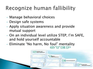 • Manage behavioral choices
• Design safe systems
• Apply situation awareness and provide
mutual support
• On an individual level utilize STEP, I’m SAFE,
and hold yourself accountable
• Eliminate “No harm, No foul” mentality
 